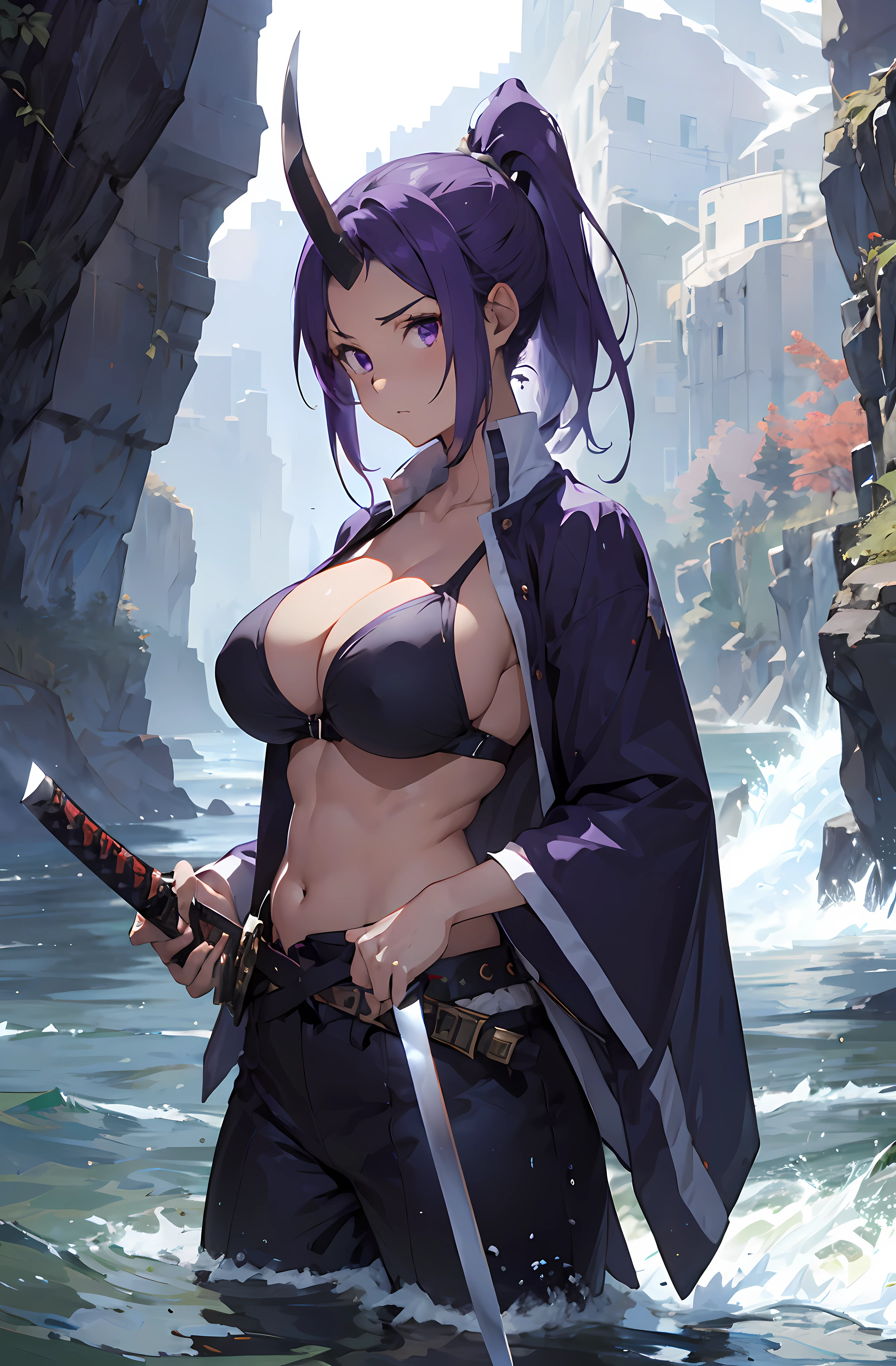Woman holding sword in right hand near water cliff, 1girl in, arma, muscular, Sword, Solo, muscularwoman, Holding, breasts, holding weapon, katanas, Black hair, holding swords, Looking back, Looking at Viewer,Shion, Single Kikaku, Purple hair, Big Breast, cleavage, Purple eyes, Ponytail