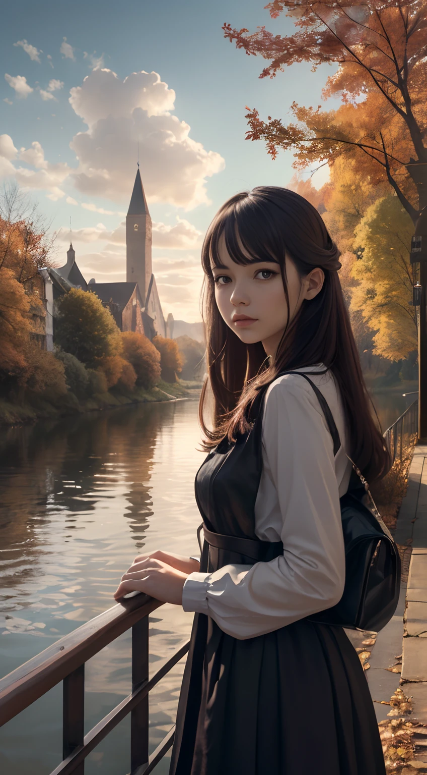 Create captivating autumn depictions, autumnal,eventide,riverbank,Scenic beauty,A young woman stands by the river,s the perfect face,With melancholy,A place where nature and technology live in harmony,Let this artwork transport the viewer to another world, Old and new intertwined,Form captivating photos of nostalgia and innovation.