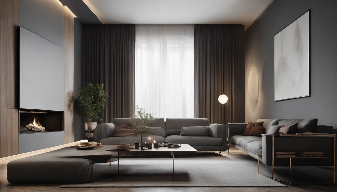 The design of this Bauhaus living room is simple yet modern,The wall is painted in cement gray as the main color,Presents a calm composure、Tall atmosphere。On the right wall,A black leather sofa was placed,It adds a touch of understated luxury。The floor is covered with brown wood grain tiles,Bring a sense of natural harmony to the whole space。The central coffee table is made of stainless steel,It presents a tough and delicate texture,It is placed in front of the sofa,Very practical。The whole living room is not overly decorated,The style is kept simple and neat。detail-rich,4K, Particle effects Light and shadow detail