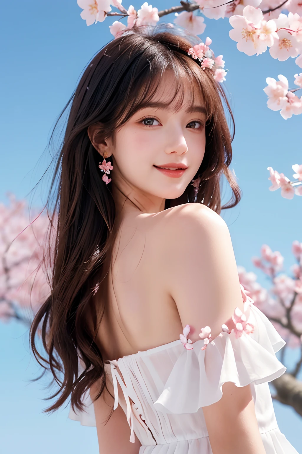 cherry_blossoms, falling_petals, petals, branch, pink_flower, 1girl,20-year-old, blue_sky, spring_\(season\), petals_on_liquid, flower, hanami, dress, (golden long curly hair: 1.5), wearing flower wreath, sky, outdoor, Clouds, bangs, smile, pink eyes, white dress with cherry blossoms, bare shoulders, earrings, best quality. Picture perfect. holding_flower, wind, tree, looking_at_viewer, cowboy shot, detail enhancement.