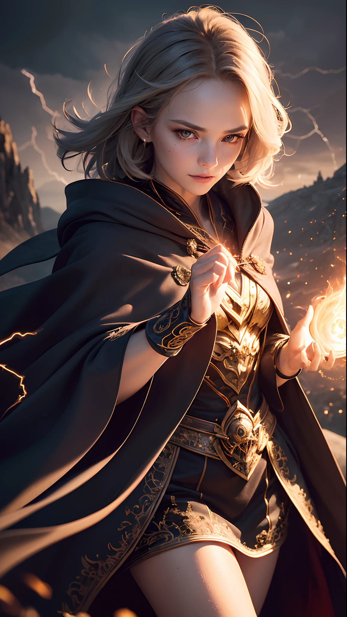 (skindentation:1.5), Realistic, Photorealistic, (masterpiece:1.5), concept art, intricate details, highly detailed, photorealistic, octane render, 8k, unreal engine, dynamic pose, best quality, highres, (realistic face:1.1), (hyperrealistic:1.1), ((full_body)), perfect eyes,(shiny skin:1.2), (((hairstyle))), (((perfect hands))), (extremely detailed background), ((dynamic background)), ((lightning)), (light rays), ((1girl)), wearing cloak, (((flowing cloak))), ((detailed eyes, high quality eyes, high quality face)), (extremely intricate robes, magical robes), short hair, casting lightning, electricity, swirling fire, radiating power, sparks, smoke, magic, ((dramatic)), epic, battlefield, depth of field, bokeh, 4k, gothic, ember, particles
