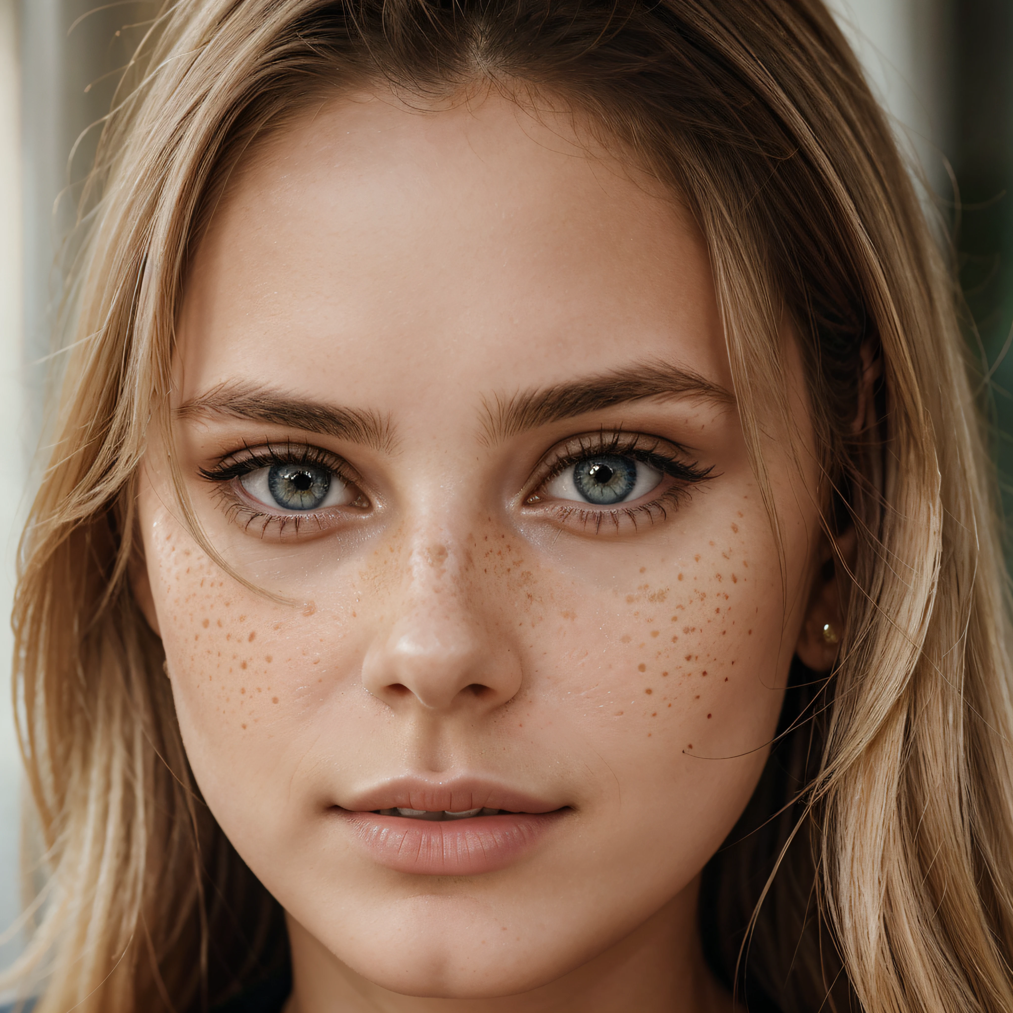 Close up, 1Girl 25 years old, nur, straight look into the camera, Lange Haare, blonde hair, blaue Augen, Lips, Nase, Schmuck, pullover, realistisch, sedustive look, close up shot, realism, detailed eyes, fine freckles, symmetrical face, natural face, shape, beautiful girl, erotic vibe, focus.
