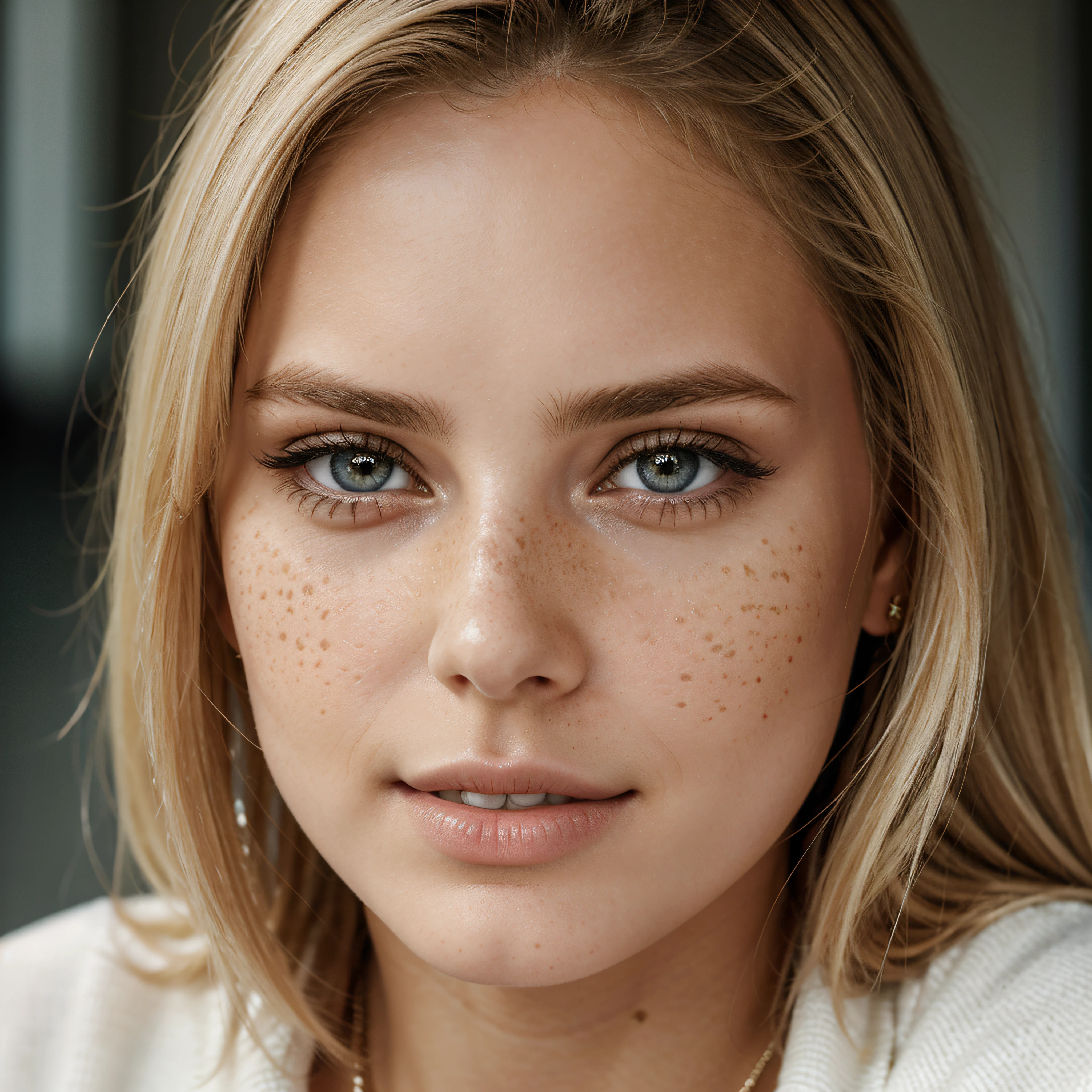 Close up, 1Girl 25 years old, nur, straight look into the camera, Lange Haare, blonde hair, blonde girl, blaue Augen, Lips, Nase, Schmuck, pullover, realistisch, sedustive look, close up shot, realism, detailed eyes, fine freckles, symmetrical face, natural face, shape, beautiful girl, erotic vibe, focus.