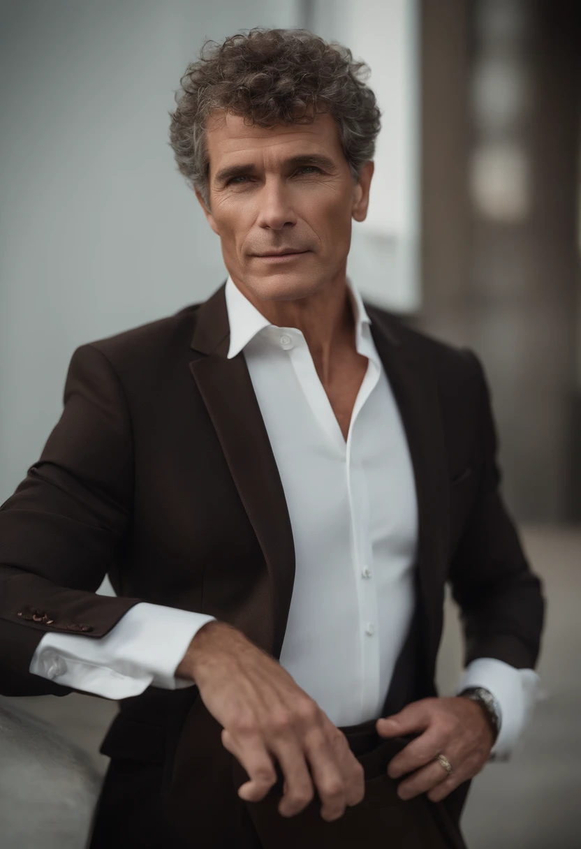 Cinematic, a handsom man, Tall and fit, (60 years old:1.1), (shaven:1.2), (short brown hair and a little curly:1.5),(very short hair:1.6).  black tight suit, white fit shirt . Minimalistic background, clean composition, strong details, Muted Colours, Hasselblad --style raw corps entier, wide-angle photo close-up portrait of the body of a handsome man,