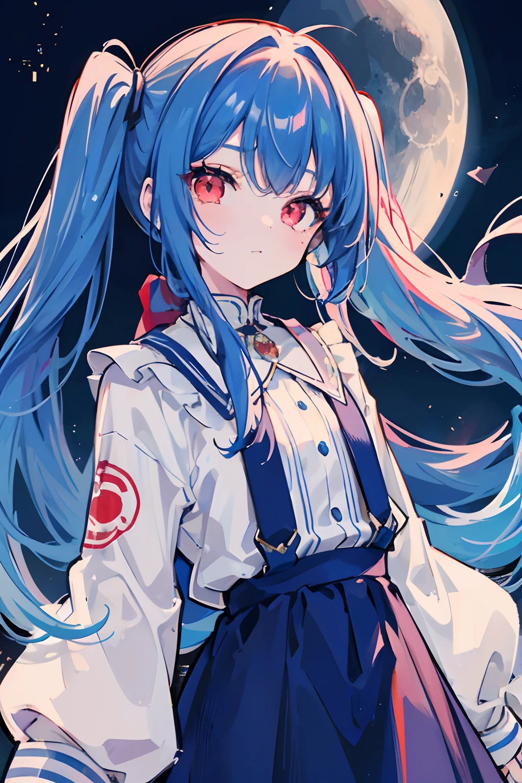 1girl, masterpiece, young girl, high quality, ((blue hair)), ((straight hair)), (twintail), ((long hair)), (red eyes), ((deatil face)), in the night, with the moon, with the stars, dark