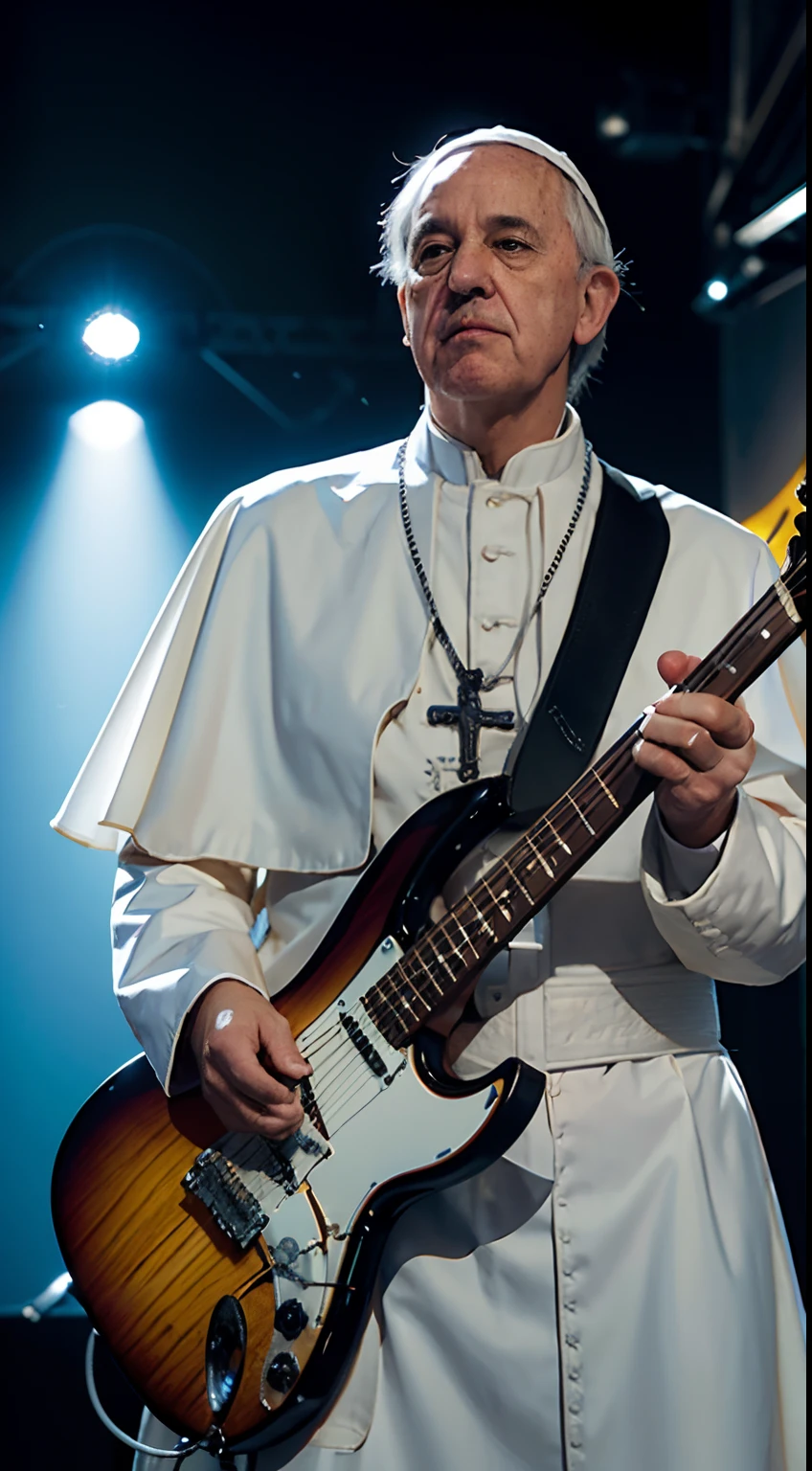 Hyperrealistic portrait of Pope Francis playing electric guitar, arte de fantasia, foto realista, dynamic lighting, Estado da arte, poster, Volumetric lighting, Rosto muito detalhados, 4 mil, Premiado, No escuro, sombra profunda, discreto,(official clothing:1.4)