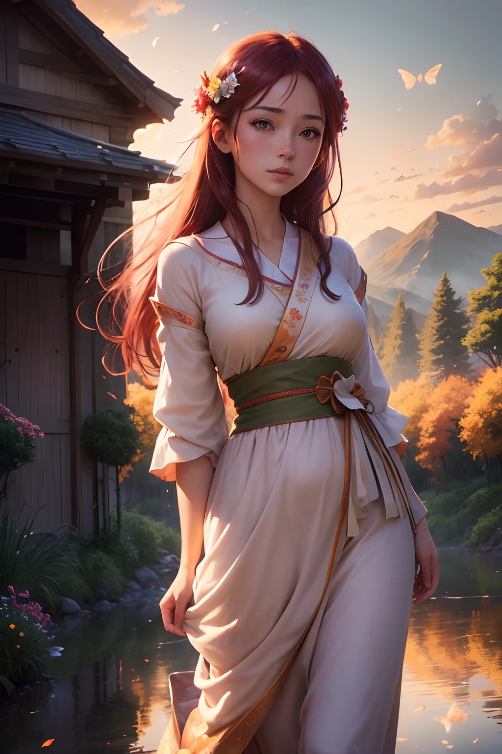 (best quality,4k,8k,highres,masterpiece:1.2),ultra-detailed,(realistic,photorealistic,photo-realistic:1.37),anime style landscape,cinematic lighting,village buildings in the distance,sunset,cloudy skies,green meadows,peaceful atmosphere,colorful hues,distant mountains,shadows casted on the ground,tall trees with swaying branches,gentle breeze,tranquil river,reflecting the vibrant sky,flower fields with blooming petals,butterflies dancing in the air,anime characters in traditional clothing,enjoying the scenery,expressive eyes and hair,serene expressions,crimson red and golden orange tones,painted with warm and soft lighting,creating a dreamy and ethereal ambiance.