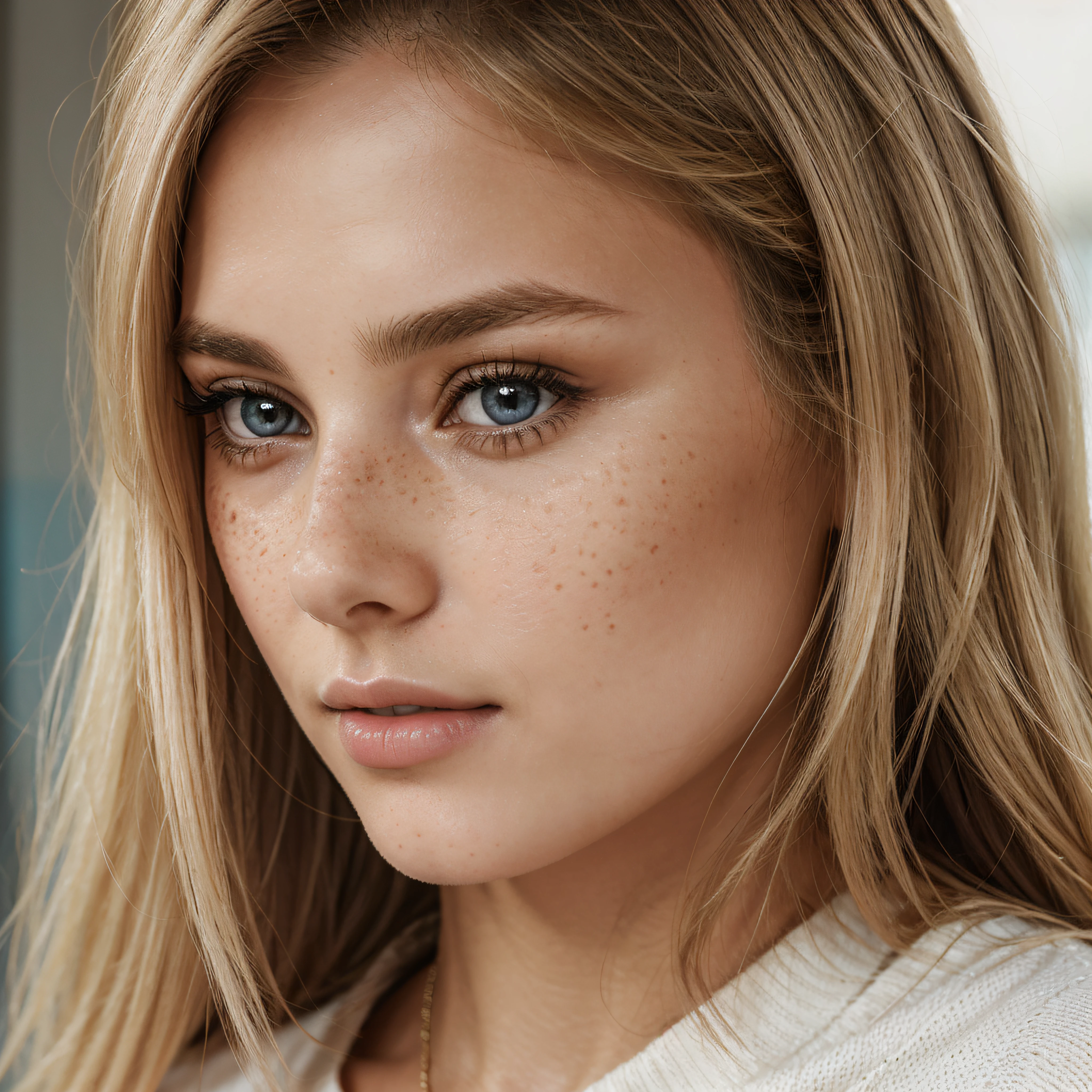 Close up, 1Girl 25 years old, nur, straight look into the camera, Lange Haare, blonde hair, blonde girl, blaue Augen, Lips, Nase, Schmuck, pullover, realistisch, sedustive look, close up shot, realism, detailed eyes, fine freckles, symmetrical face, natural face, shape, beautiful girl, erotic vibe, focus.