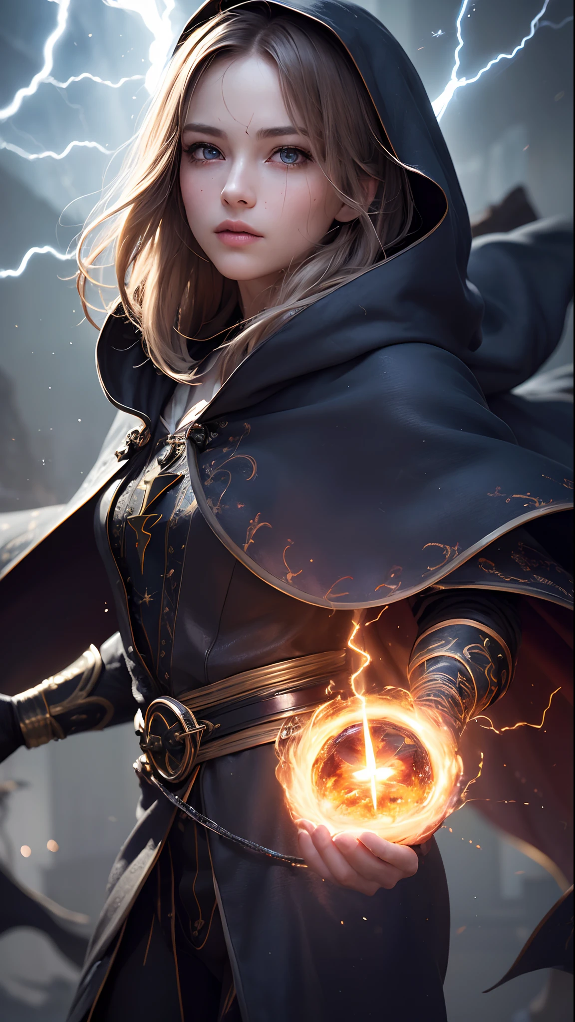 (skindentation:1.5), Realistic, Photorealistic, (masterpiece:1.5), concept art, intricate details, highly detailed, photorealistic, octane render, 8k, unreal engine, dynamic pose, best quality, highres, (realistic face:1.1), (hyperrealistic:1.1), ((full_body)), perfect eyes,(shiny skin:1.2), (((hairstyle))), (((perfect hands))), (extremely detailed background), ((dynamic background)), ((lightning)), (light rays), ((1girl)), wearing cloak, (((flowing cloak))), ((detailed eyes, high quality eyes, high quality face)), (extremely intricate robes, magical robes), short hair, casting lightning, electricity, swirling fire, radiating power, sparks, smoke, magic, ((dramatic)), epic, battlefield, depth of field, bokeh, 4k, gothic, ember, particles