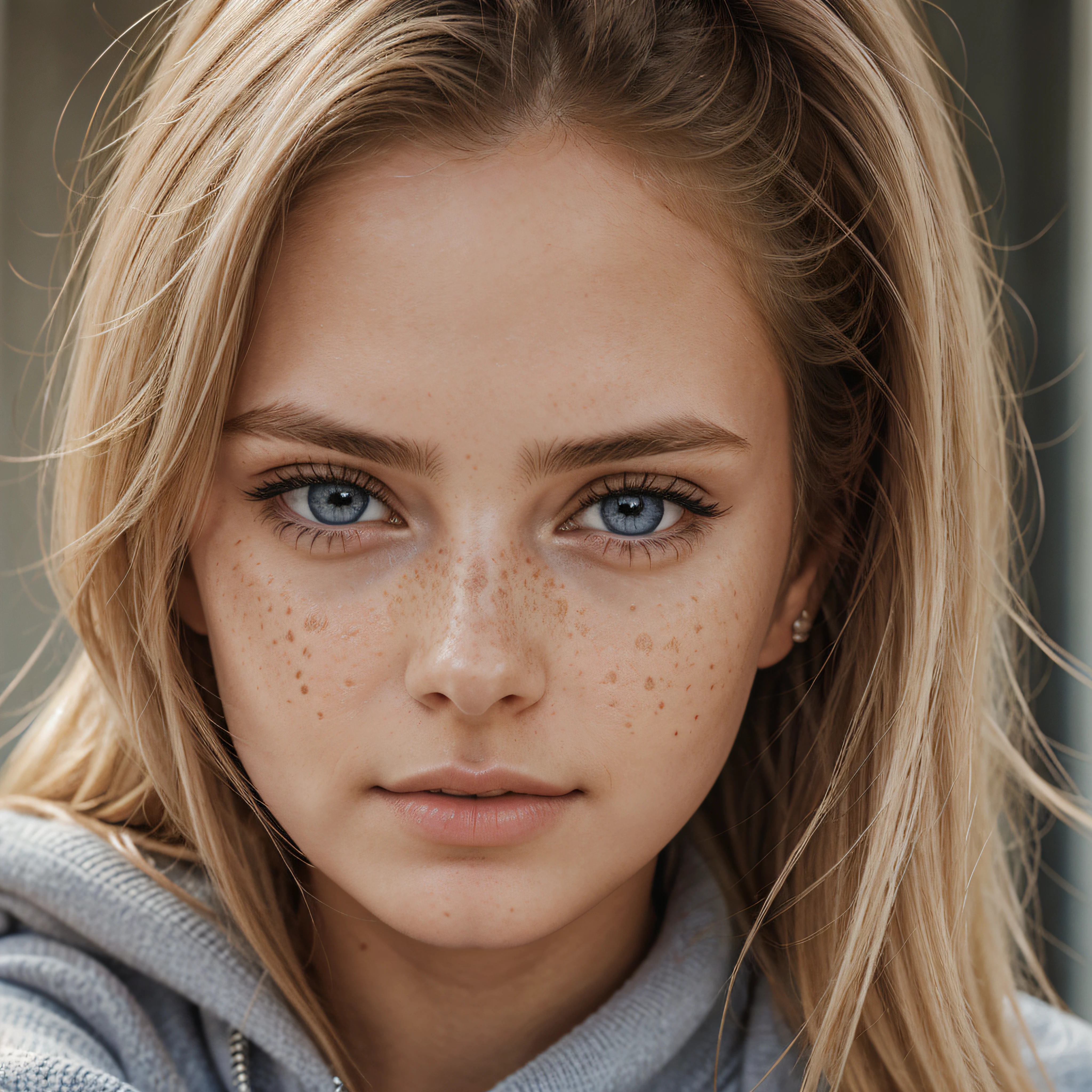 Close up, 1Girl 18 years old, nur, Lange blonde Haare, blonde hair, blond, direct straight look into the camera, Schmuck, full entire body, Halskette, schulterfrei, pullover, lips, realistisch, Nase, Flirten mit der Kamera, close up shot, realism, blue-gray eyes, detailed eyes, hyper detailed eyes, fine freckles, symmetrical face, symmetrical eyes, 8K, RAW.