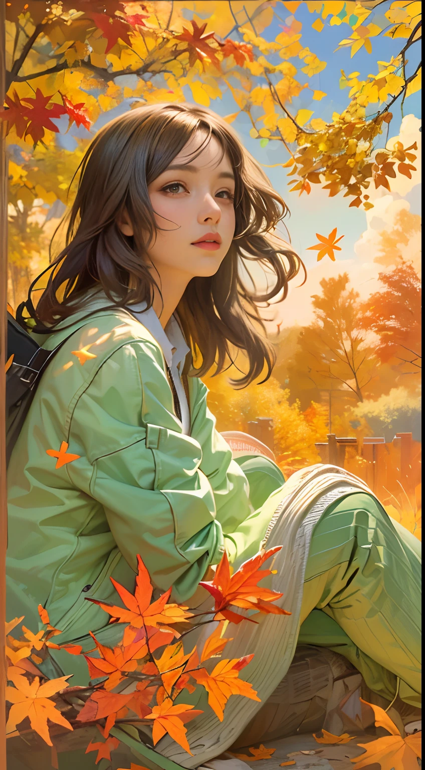 Highly detailed masterpiece 8K high-resolution content，Autumn Alps，autumnal，eventide，Scenic beauty，Autumn leaves float in the air，There are sparkling particles fluttering，Warm light background：1 girl walking on the path，Surrealist portraits of women by David Hockney and Alphonse Mucha，hair glowing，glomy，brunette color hair，long whitr hair，Wear a jacket，Lazy movements，warm and comfortable，With a little cool autumn light，warm color：High saturation，Bright composition，Top-down composition ，Medium composition style reference：photographrealistic