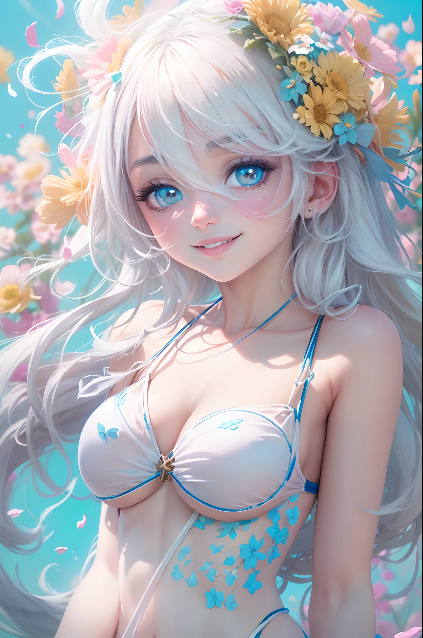 (NSFW),(((Sling bikini))),Masterpiece, Best quality, 1girll, (Colorful),(Delicate eyes and face), volumatic light, Ray tracing, Bust Up Shot ,Extremely detailed Cg Unity 8K wallpaper,Solo,Smile,((flying petal)),(Flowers meadow) sky, Blue sky, Sunny, Light, fantasy, ventania, magic sparks, White hair
