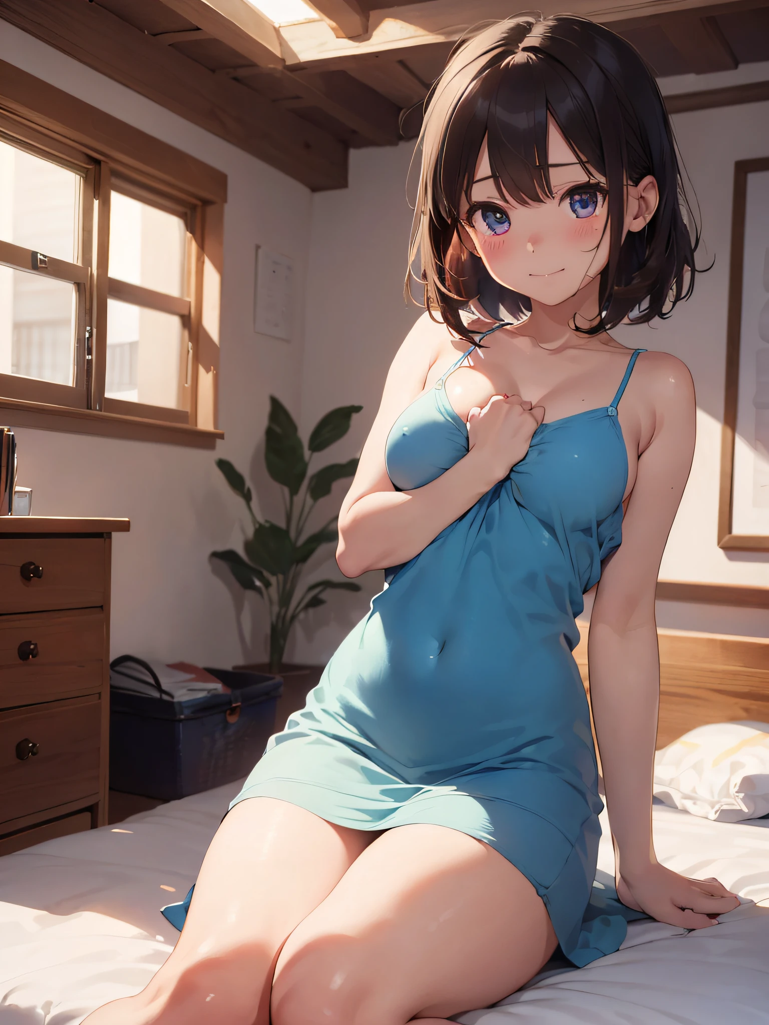 (masterpiece:2.0), (top-quality:2.0), (sitting naked in the bedroom:1.5), (barechested:1.3), (extremely short length camisole dress:1.5), (hide crotch with both hands:1.5), (super thin fabric:1.5), (super sexypose:1.5), (blushed face:1.3), (Spilling boobs:1.4), (realistic:1.5), 1 little girl, precise small hands, Embarrassed look, light smile, Look at me and smile, extremely cute girl, innocent face, young face, Clear eyes, Shining eyes, small breast, cleavage of the breast is visible, the thighs is visible, The crotch is visible, No pubic hair, dynamic posing, The beautiful skin, ultra-definition, Top resolution, Cinematic lighting, japan high school student, brown hair, Anatomically correct body