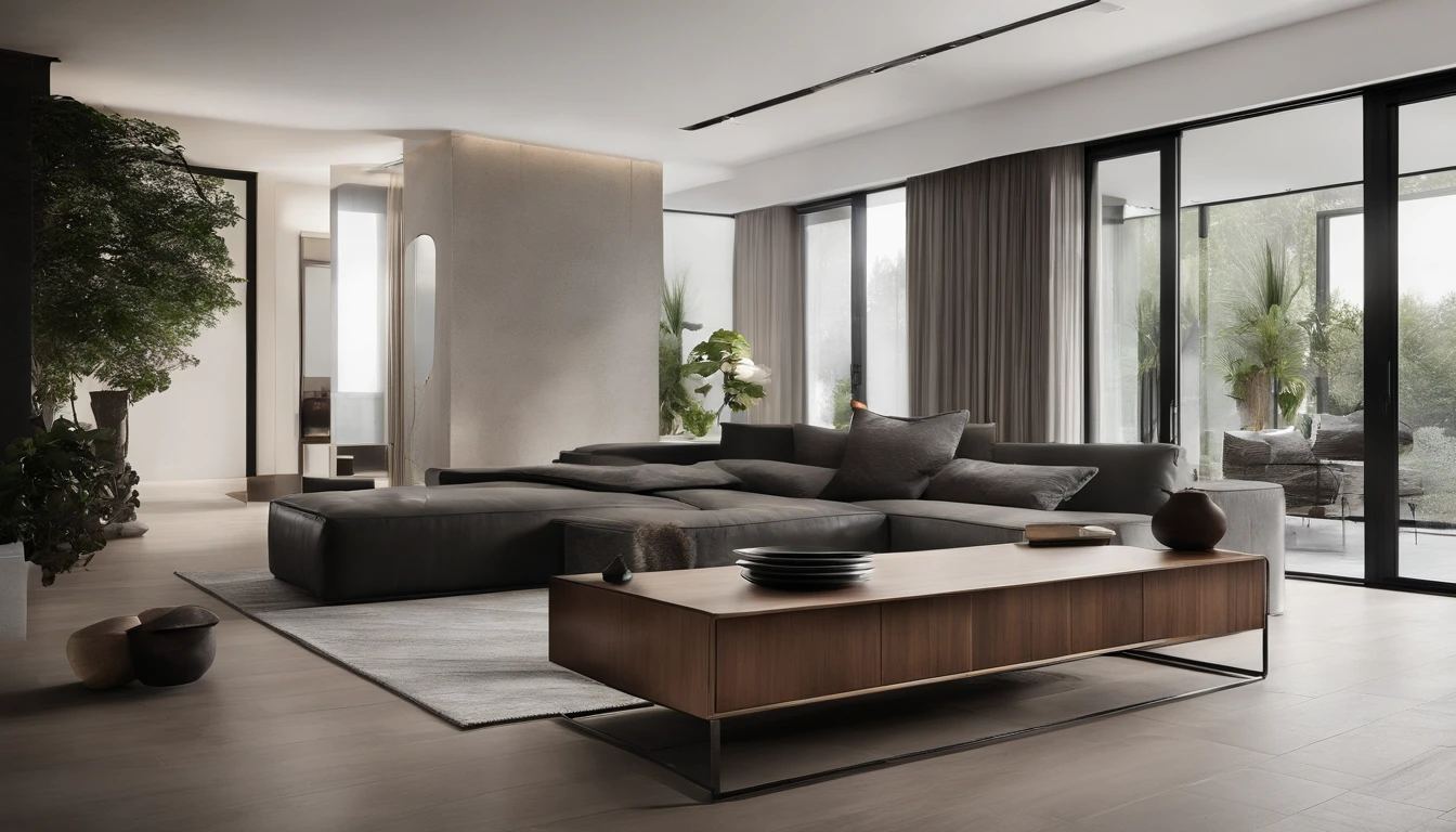 The design of the Bauhaus living room is simple and modern,The walls are dominated by cement gray,Present calm and calm、Tall atmosphere。On the right wall,A black leather sofa was placed,It adds a touch of understated luxury。The floor is covered with brown wood grain tiles,Bring a sense of natural harmony to the whole space。The central coffee table is made of stainless steel,It presents a tough and delicate texture,It is placed in front of the sofa,Very practical。The whole living room is not over-decorated,The style is kept simple and uncluttered。