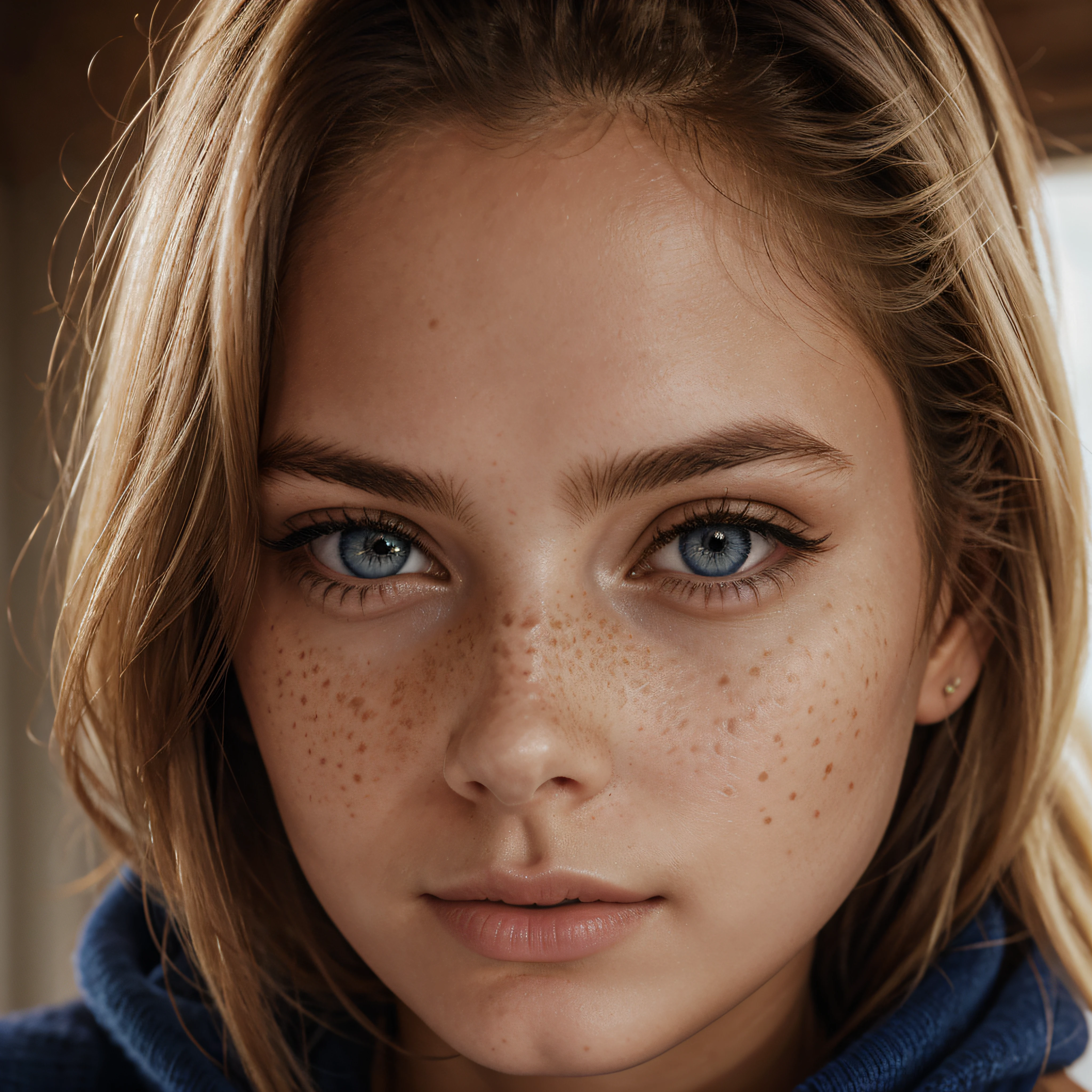 Close up, 1Girl 18 years old, nur, Lange Haare, Blick auf den Betrachter, blondes Haar, blaue Augen, Schmuck, full entire body, Halskette, schulterfrei, pullover, lips, realistisch, Nase, Flirten mit der Kamera, close up shot, realism, detailed eyes, hyper detailed eyes, freckles, 8K, RAW.