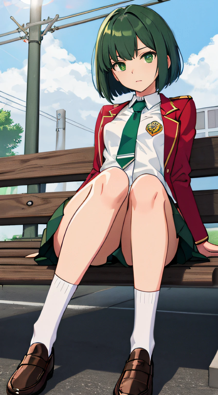 ((Masterpiece, top quality)), uniform, long white shirt, blue tie, red blazer, salmon pink fold over chest, red vest, gold and green school emblem on right breast, beige skirt, shiny blue high socks, loafer shoes, , small breasts, slender thighs, soft skin, clean large dark green eyes (high detail eyes), silky short bob that falls straight down to shoulder length, hair shorter towards back of head, dark green hair, on street, sitting on bench, after rain, looking up, overhead composition, unsatisfied expression, floating droplets, Lens flare, fine features, perfect anatomy, centered, perfect distance, highly detailed, complex, accurate, rich colors highly detailed, smooth, rich colors, accurate, clean, rich colors, elaborate details, golden ratio illustration