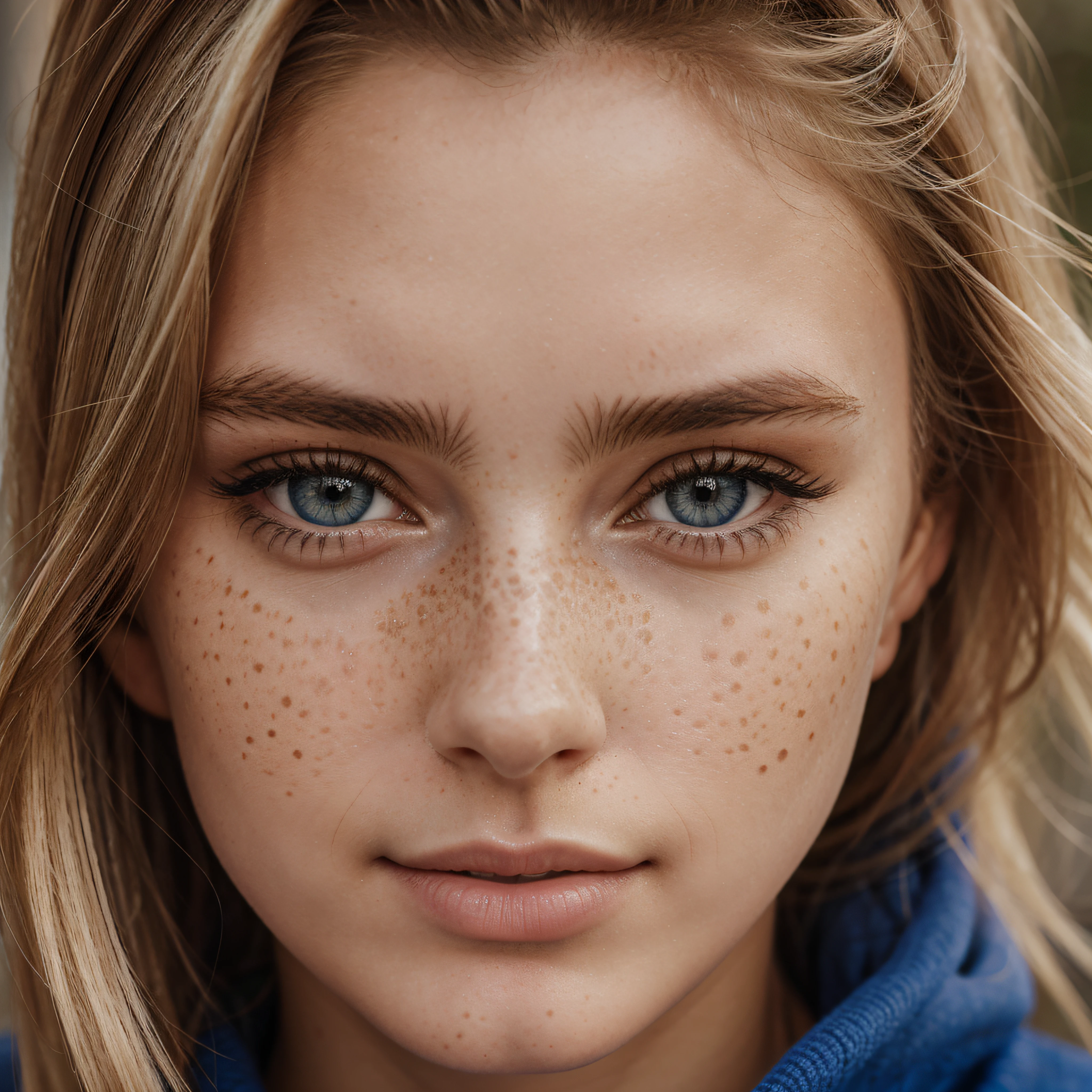 Close up, 1Girl 18 years old, nur, Lange Haare, Blick auf den Betrachter, blondes Haar, blaue Augen, Schmuck, full entire body, Halskette, schulterfrei, pullover, lips, realistisch, Nase, Flirten mit der Kamera, close up shot, realism, detailed eyes, hyper detailed eyes, freckles, 8K, RAW.