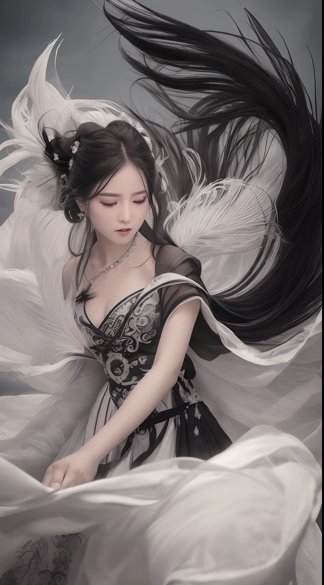 (Best quality,4K,high resolution,Masterpiece:1.2), Ultra-detailed, Photorealistic, Black and white hanfu with black embroidery, Elegant white ponytail, long and flowing hair, White mask, The mask flutters in the wind, Fringed Hair Ornament, Peony flower, Ancient wind, oversized sleeves, Dynamic posing, Dramatic composition, Falling petals, red waistband, intricate background, Ancient architecture, A thin mist and thick clouds, Swirling clouds, Cinematic lighting, Complex feather background.