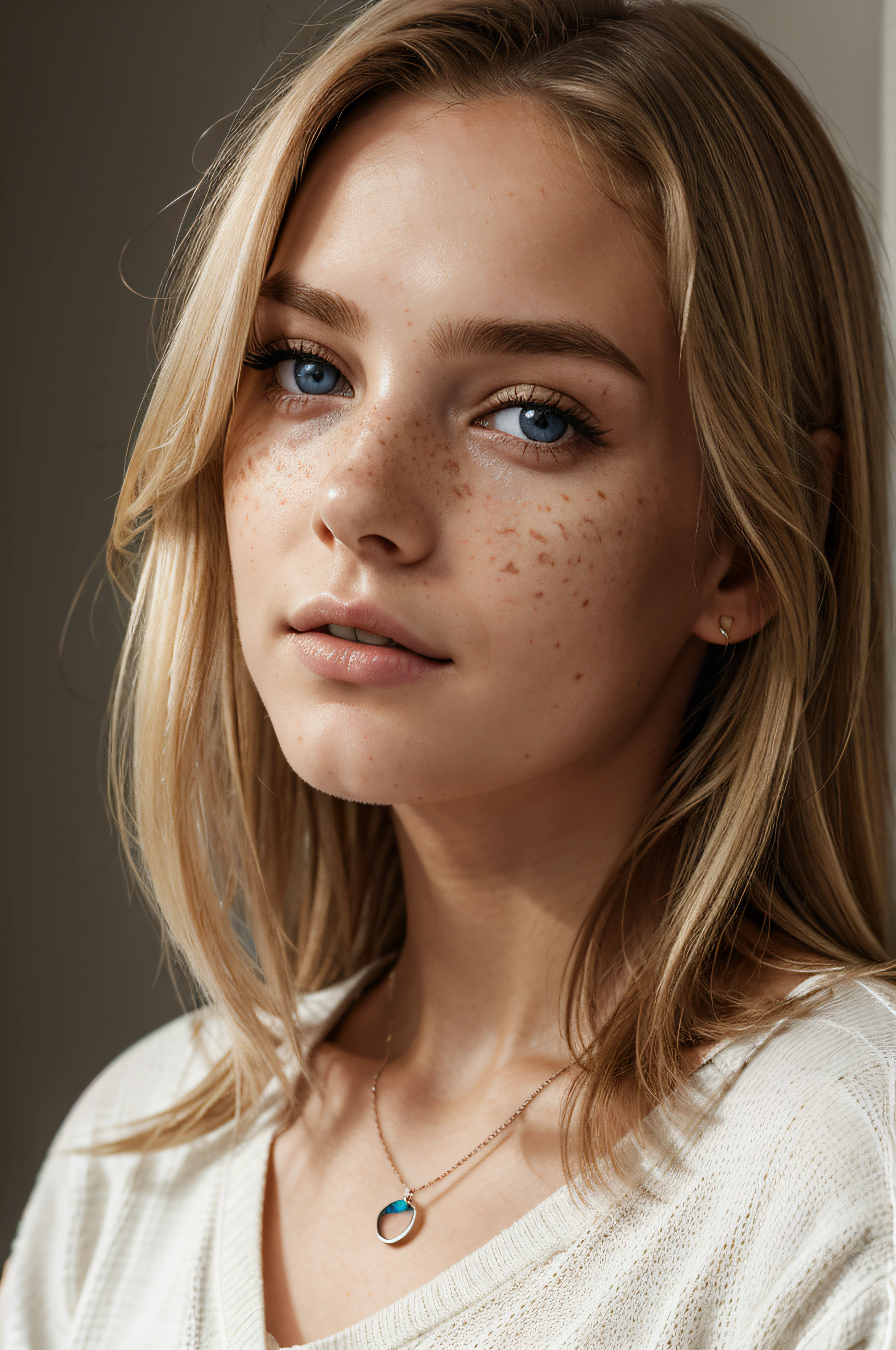 Close up, 1Girl 18 years old, nur, Lange Haare, Blick auf den Betrachter, blondes Haar, blaue Augen, Schmuck, full entire body, Halskette, schulterfrei, pullover, lips, realistisch, Nase, Flirten mit der Kamera, close up shot, realism, ultra detailed eyes, hyper detailed eyes, freckles, 8K, RAW.