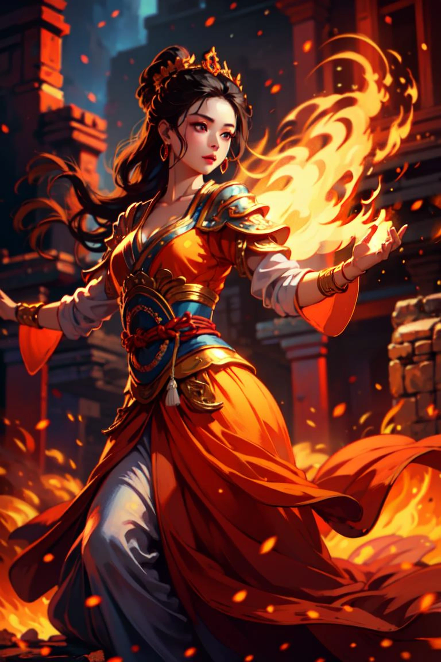Best quality,masterpiece,ultra high res,(photorealistic:1.4)1girl,beautiful_face,detailed skin,full body,yuhuoshu,jewelry,solo,earrings,(fire:1.3),blurry,realistic,lips,