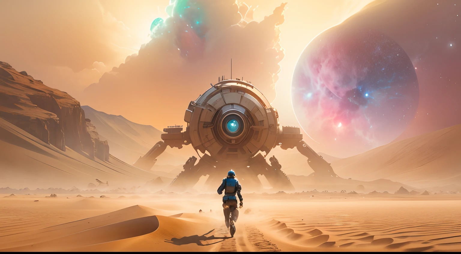 nebula sky, endless desert with a man running turning into a robot