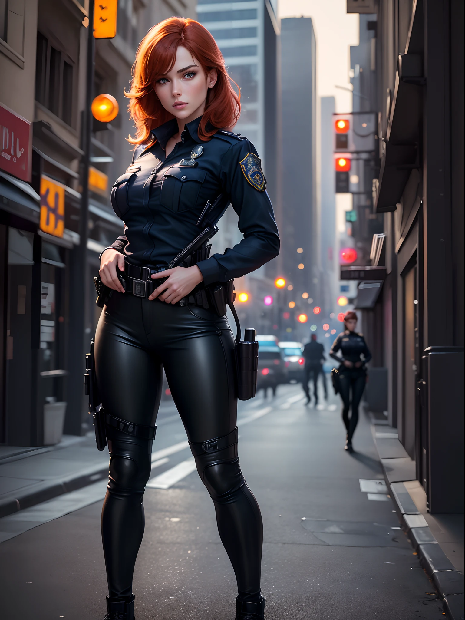 ((best quality)), ((masterpiece)), ((ultra realistic)), french redhead, beautiful detailed face, detailed eyes, sexy police woman, dressed in a los angeles police officer's uniform, city backdrop, neon edge lighting, highly detailed, professional, full body, standing, hip pistol holster, black pants, solo, shoes, medium hair, police cruisers
