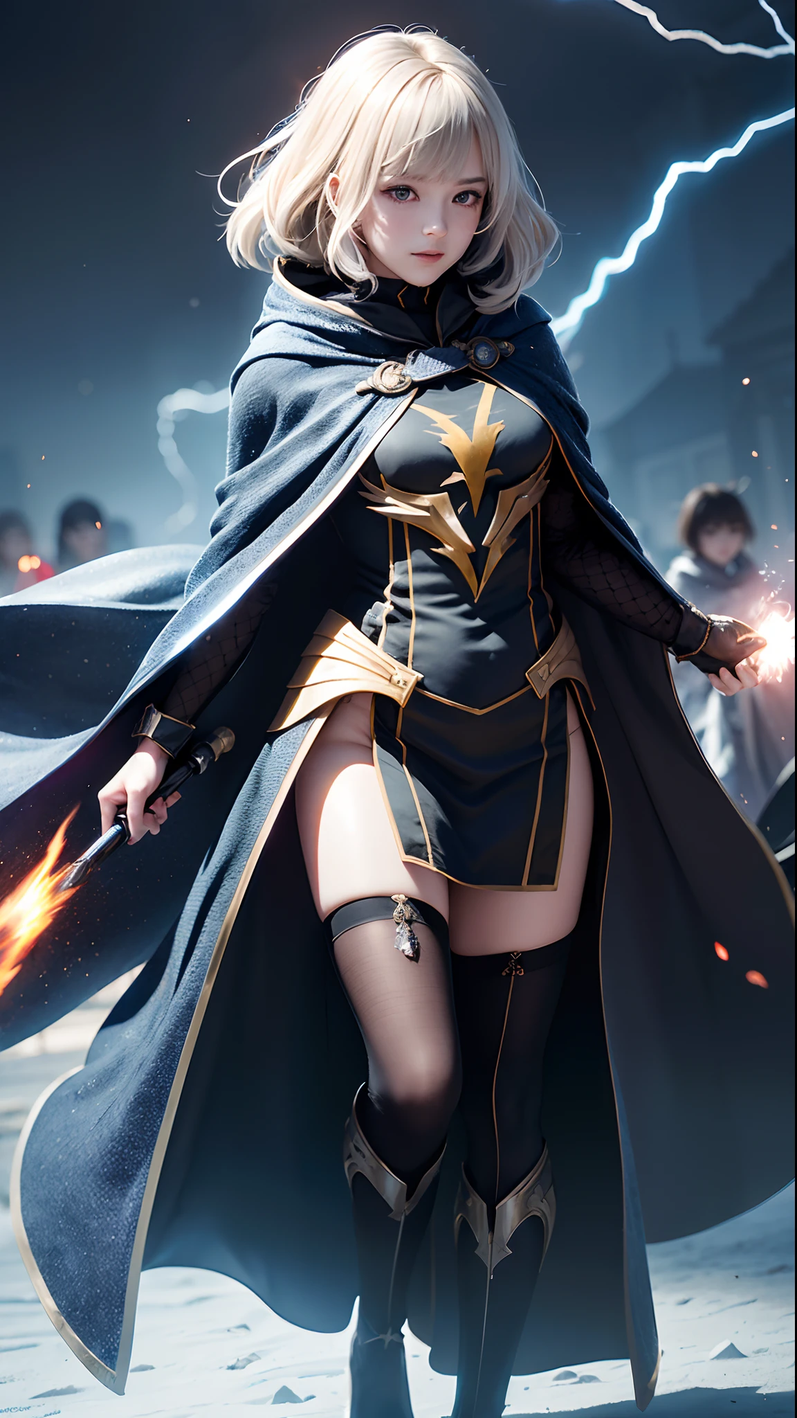 (Skindentation:1.5)、reallistic、Photorealsitic、(masuter piece:1.5)、Concept art、intricate-detail、A highly detailed、Photorealsitic、Octane Rendering、8K、Unreal Engine、Dynamic Pause、top-quality、hight resolution、(Lifelike face:1.1)、 (surrealistic:1.1)、((full body Esbian))、perfect eyes、(shinny skin:1.2)、(((hairstyle on)))、(((perfect hand)))、(highly detailed back ground)、((Moving background) )、((Lightning))、(llight rays)、((1girl in))、I'm wearing a cloak、(((flowing cloak)))、((finely eye、quality eyes、Quality face))、(extremely intricate robes、magical robe)、short-hair、Lightning、electricity、swirling fire、radiating power、spark of light、fumo、magia、((Dramatic))、epicd、battle field、depth of fields、Bokeh、4K、gotik、embers、Particle、A sexy、Cute、dynamic ungle、