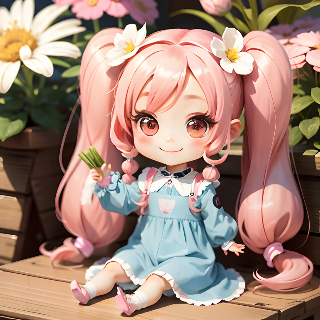 Cute chibi anime sitting on flowers, long pink hair with twin tails、Wear a blue mini dress, Smiling, Logo is cheap