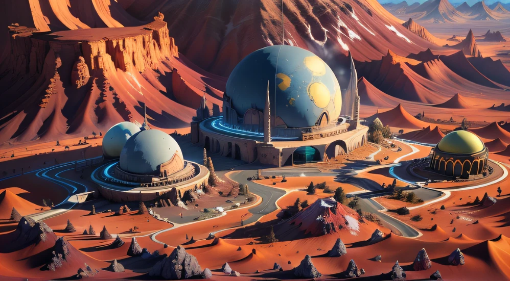 Alien Fall Base (Very detailed) In the mountainous desert,There are several exhaust fans and yellow chimneys, Some neon lights come out of the base to illuminate the dark place, (Extreme nights), Some clouds in the night sky, Some of the surrounding planets provide air to unknown planets,The farthest giant volcano is erupting