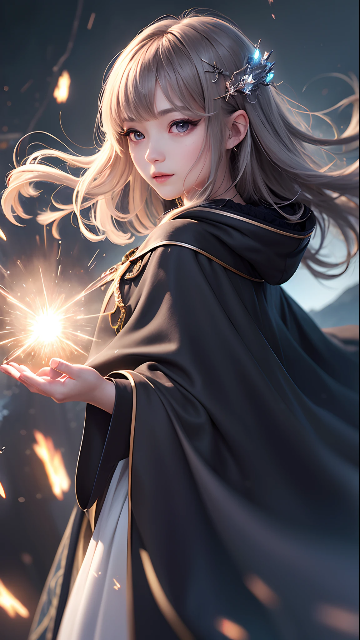 (Skindentation:1.5)、reallistic、Photorealsitic、(masuter piece:1.5)、Concept art、intricate-detail、A highly detailed、Photorealsitic、Octane Rendering、8K、Unreal Engine、Dynamic Pause、top-quality、hight resolution、(Lifelike face:1.1)、 (surrealistic:1.1)、((full body Esbian))、perfect eyes、(shinny skin:1.2)、(((hairstyle on)))、(((perfect hand)))、(highly detailed back ground)、((Moving background) )、((Lightning))、(llight rays)、((1girl in))、I'm wearing a cloak、(((flowing cloak)))、((finely eye、quality eyes、Quality face))、(extremely intricate robes、magical robe)、short-hair、Lightning、electricity、swirling fire、radiating power、spark of light、fumo、magia、((Dramatic))、epicd、battle field、depth of fields、Bokeh、4K、gotik、embers、Particle、A sexy、Cute、dynamic ungle、
