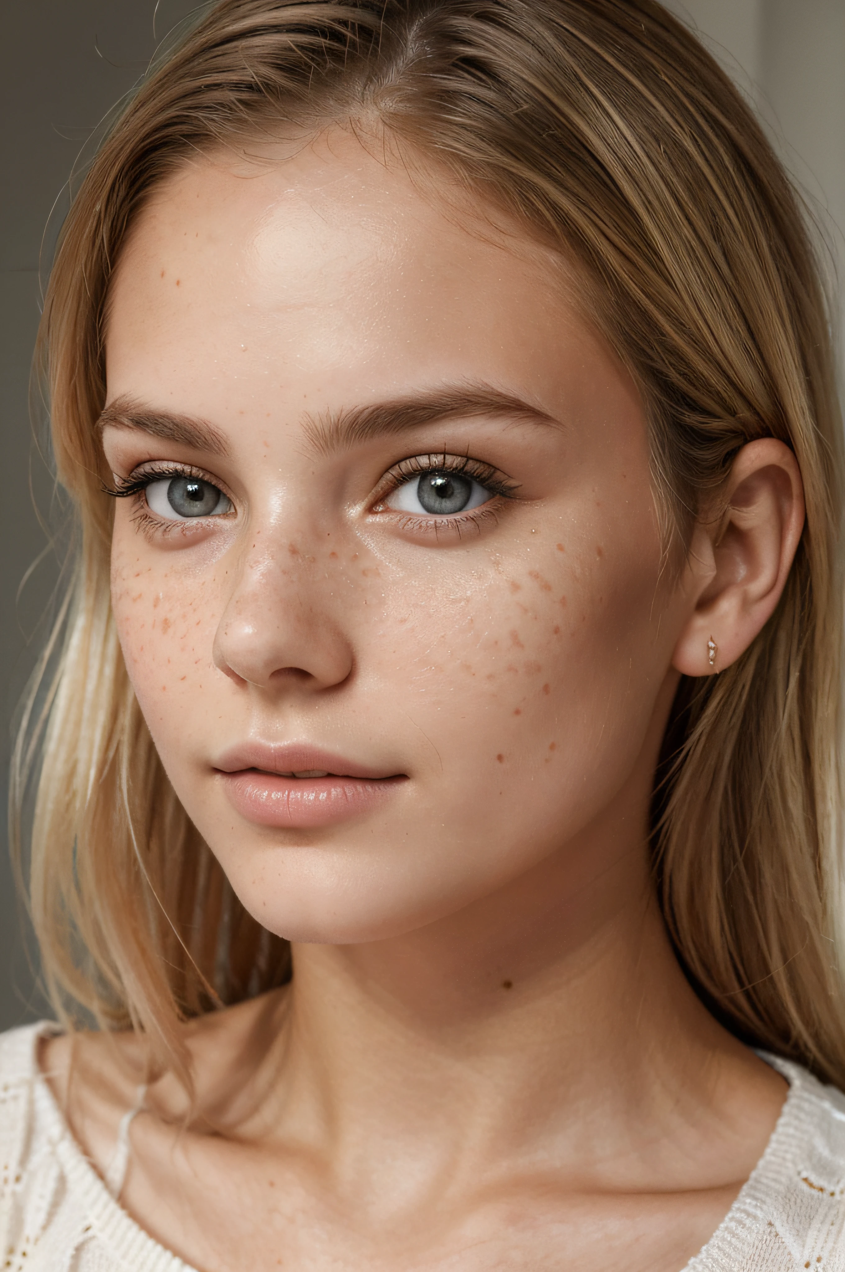 Close up, 1Girl 18 years old, nur, Lange Haare, Blick auf den Betrachter, blonde hair, blaue Augen, Schmuck, full entire body, Halskette, schulterfrei, pullover, lips, realistisch, Nase, Flirten mit der Kamera, close up shot, realism, detailed eyes, skin imperfection, fine small freckles, natural, (Generate an image with reduced shine, strong light, and overexposure on the face and skin. I want to achieve a natural and balanced appearance. The image should be bright but not overly contrasty and should preserve the details on the face and skin. Ensure that the colors are realistic, and the skin looks smooth but still natural. Make sure that the face remains the center of attention and does not appear too pronounced or artificial.)