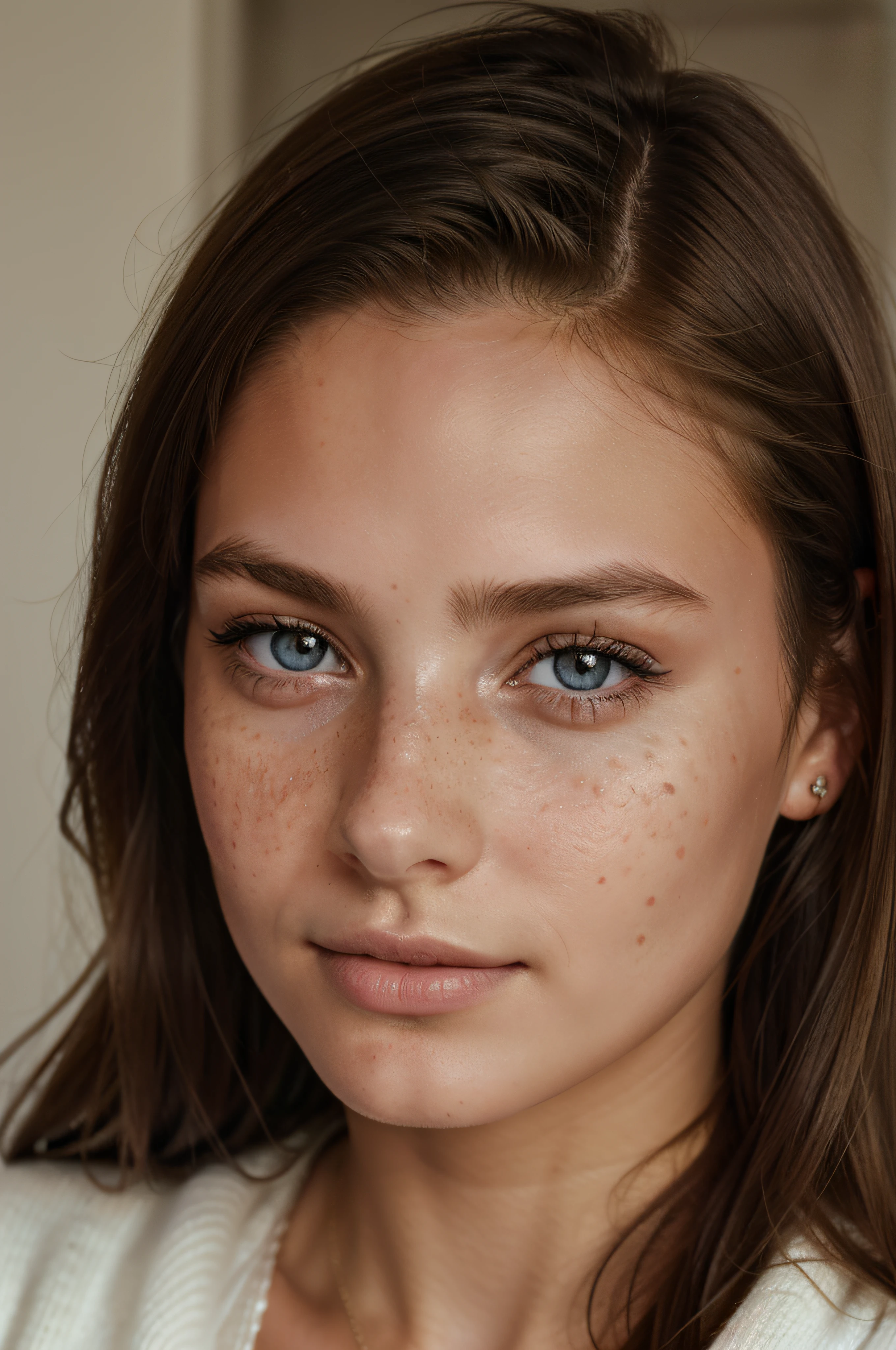 Close up, 1Girl 18 years old, nur, Lange Haare, Blick auf den Betrachter, blonde hair, blaue Augen, Schmuck, full entire body, Halskette, schulterfrei, pullover, lips, realistisch, Nase, Flirten mit der Kamera, close up shot, realism, detailed eyes, skin imperfection, fine small freckles, natural, without reflection and shadow on the face, it does not shine,