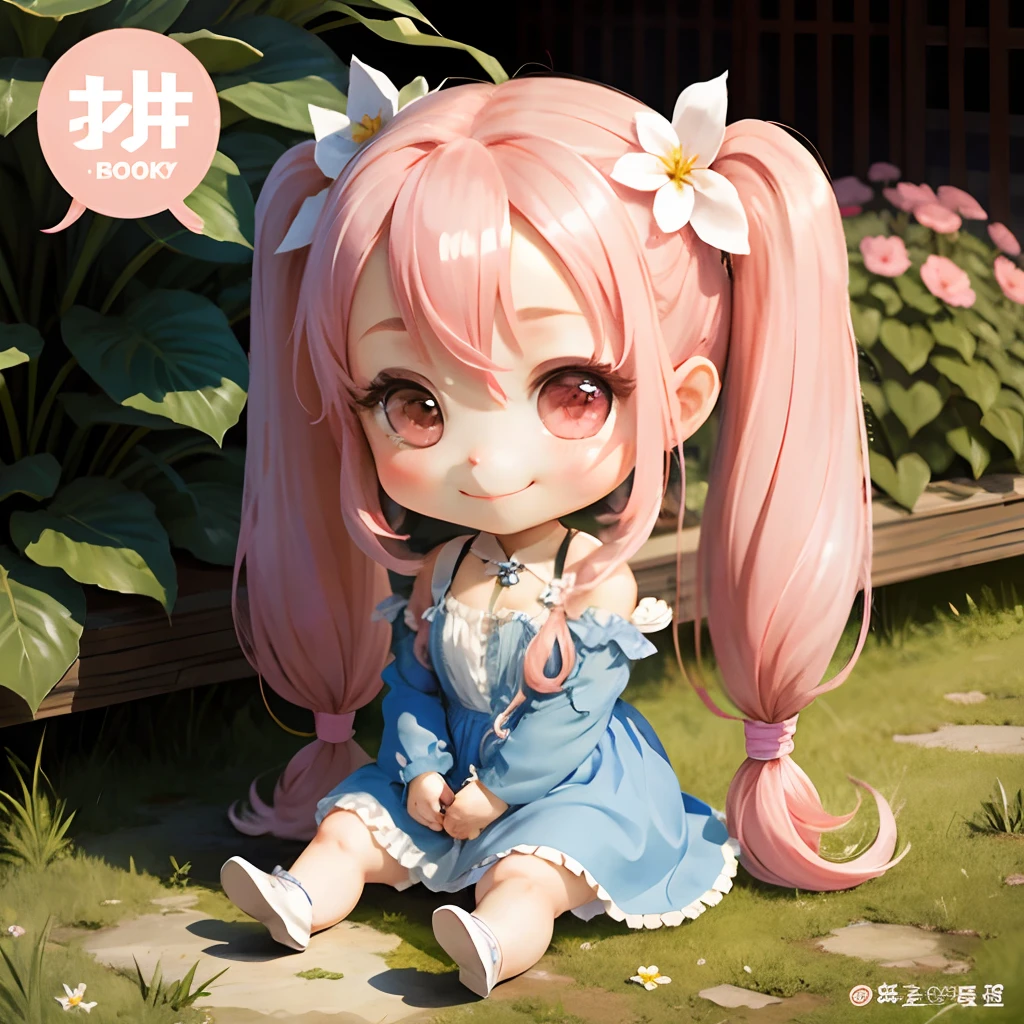 Cute chibi anime sitting on flowers, long pink hair with twin tails、Wear a blue mini dress, Smiling, Logo is cheap