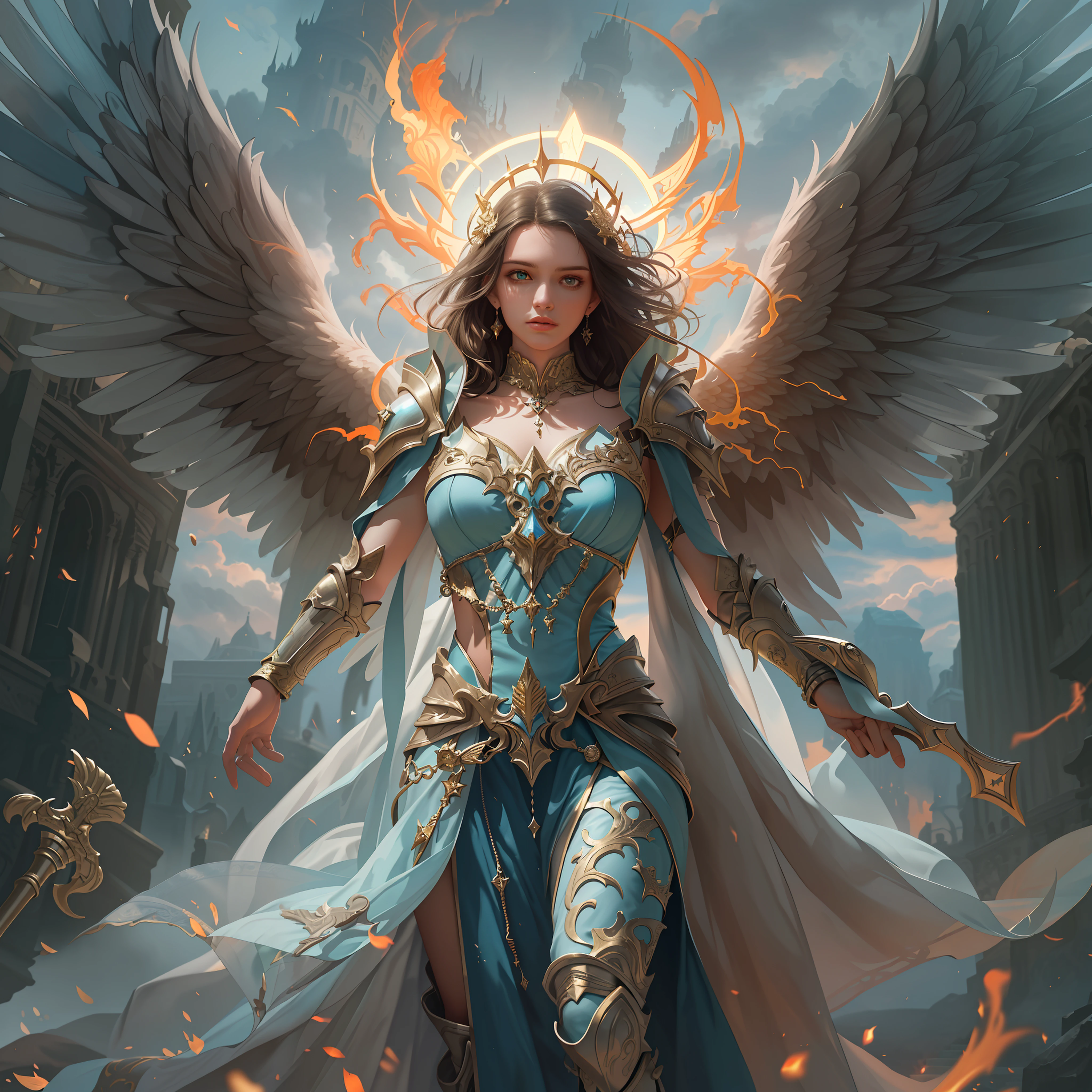 8k, ultra detailed, masterpiece, best quality, (extremely detailed), arafed, dnd art, panoramic view, full body, aasimar cleric casting a flaming spell, aasimar, female, (Masterpiece 1.3, intense details), female, cleric, holy warrior, casting radiant spell, divine spell (Masterpiece 1.3, intense details) large angelic wings, azure angelic wings spread (Masterpiece 1.3, intense details), fantasy divine background (Masterpiece 1.5, intense details), sun, clouds, wearing white heavy armor (Masterpiece 1.3, intense details, holy symbol, blue cloak, flowing robe (Masterpiece 1.3, intense details), high heeled boots (Masterpiece 1.3, intense details), armed with mace, metalic hair, green eyes, intense eyes, feminine, ultra detailed face, (Masterpiece 1.5, best quality), anatomically correct (Masterpiece 1.3, intense details), determined face, divine light, cinematic lighting, soft light, silhouette, photorealism, panoramic view (Masterpiece 1.3, intense details) , Wide-Angle, Ultra-Wide Angle, 8k, highres, best quality, high details