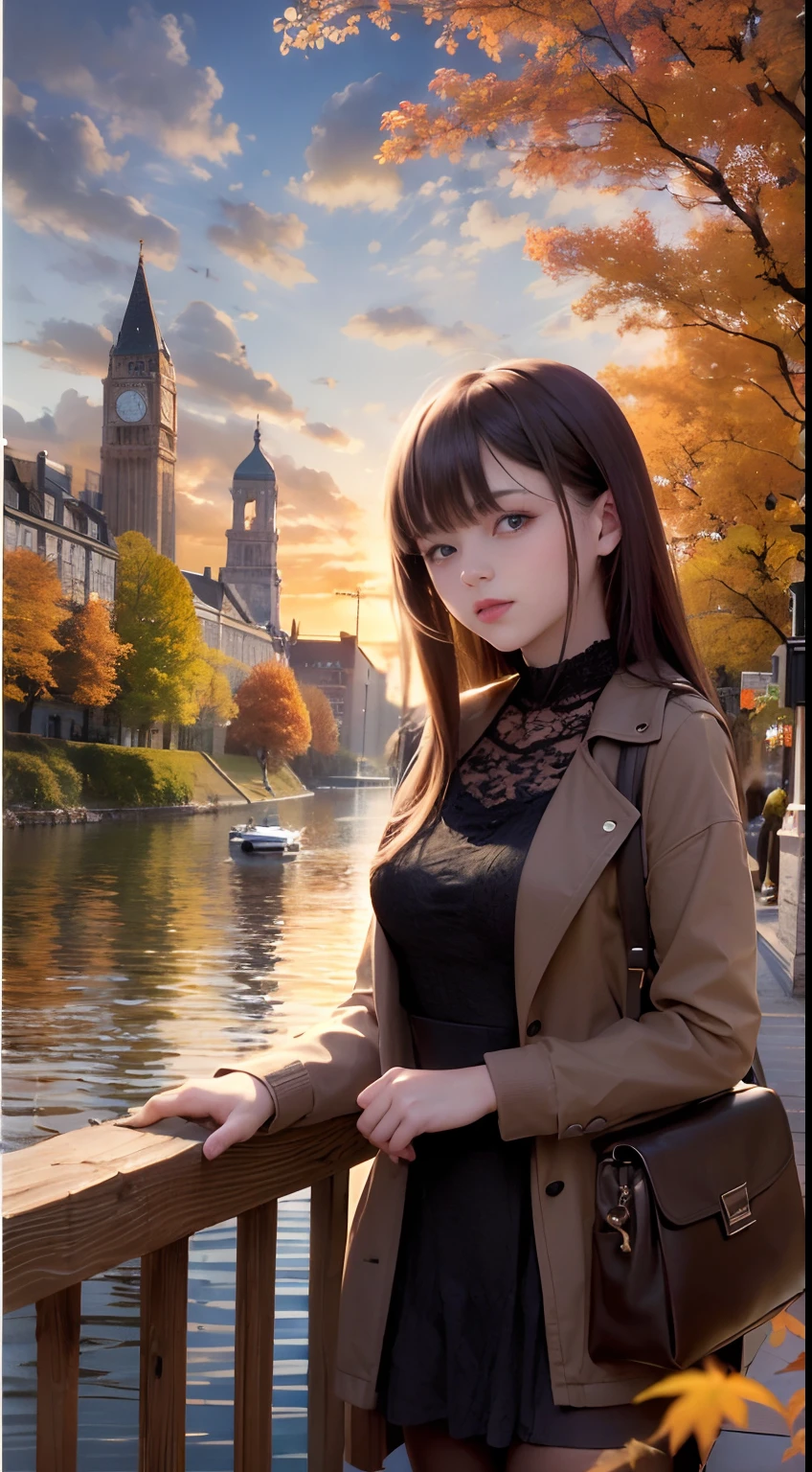 Create captivating autumn depictions, autumnal，eventide，riverbank，Scenic beauty，A pair of young lovers stand hand in hand by the river，A place where nature and technology live in harmony，Let this artwork transport the viewer to another world, Old and new intertwined，Form captivating photos of nostalgia and innovation.