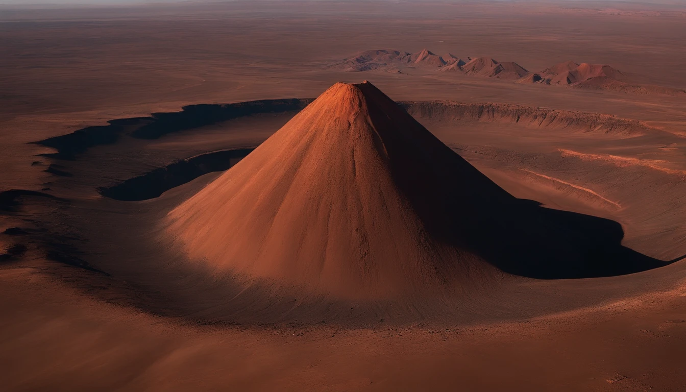 Cinematic footage，Take the drone flying in the air view，Equatorial volcano，This towering volcano is one of the most classic sights on Mars，The panoramic view of Mars from the top is spectacular，At the same time, you can also enjoy the beauty of flowing volcanic lava。