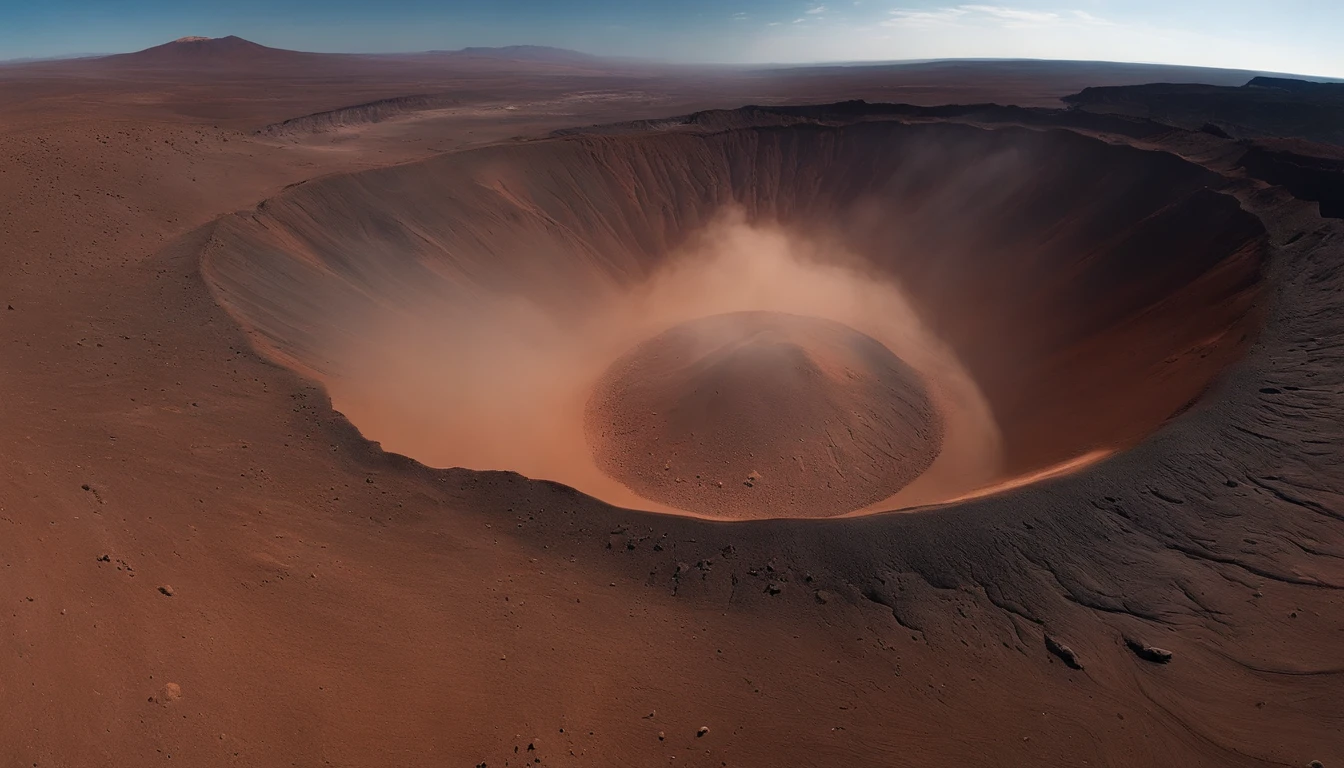 Cinematic footage,Take the drone flying in the air view,Equatorial volcano,This towering volcano is one of the most classic sights on Mars,The panoramic view of Mars from the top is spectacular,At the same time, you can also enjoy the beauty of flowing volcanic lava。
