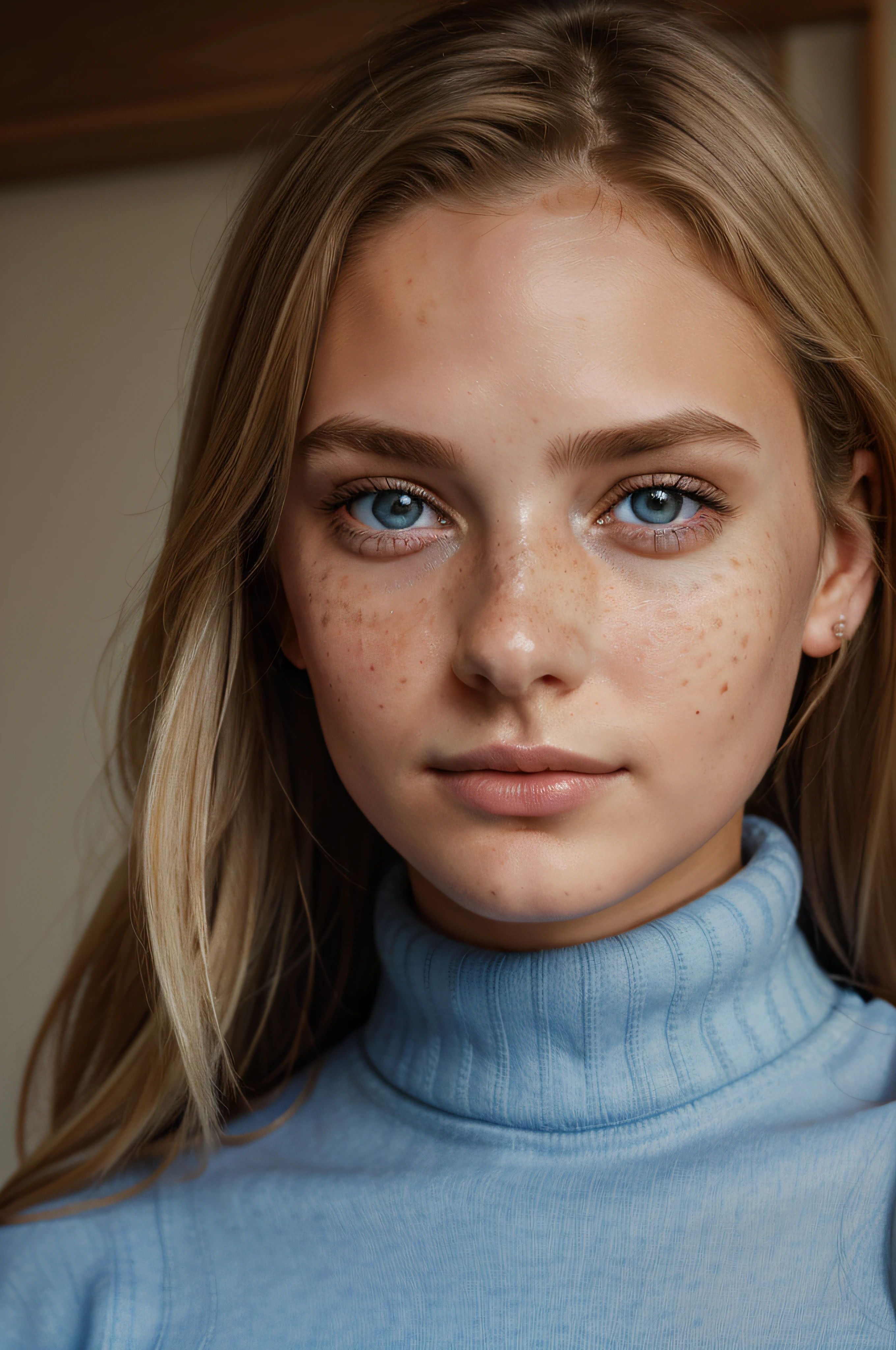 Close up, 1Girl 18 years old, nur, Lange Haare, Blick auf den Betrachter, blonde hair, blaue Augen, Schmuck, full entire body, Halskette, schulterfrei, pullover, lips, realistisch, Nase, Flirten mit der Kamera, close up shot, realism, detailed eyes, skin imperfection, fine small freckles, natural, without reflection and shadow on the face, it does not shine,