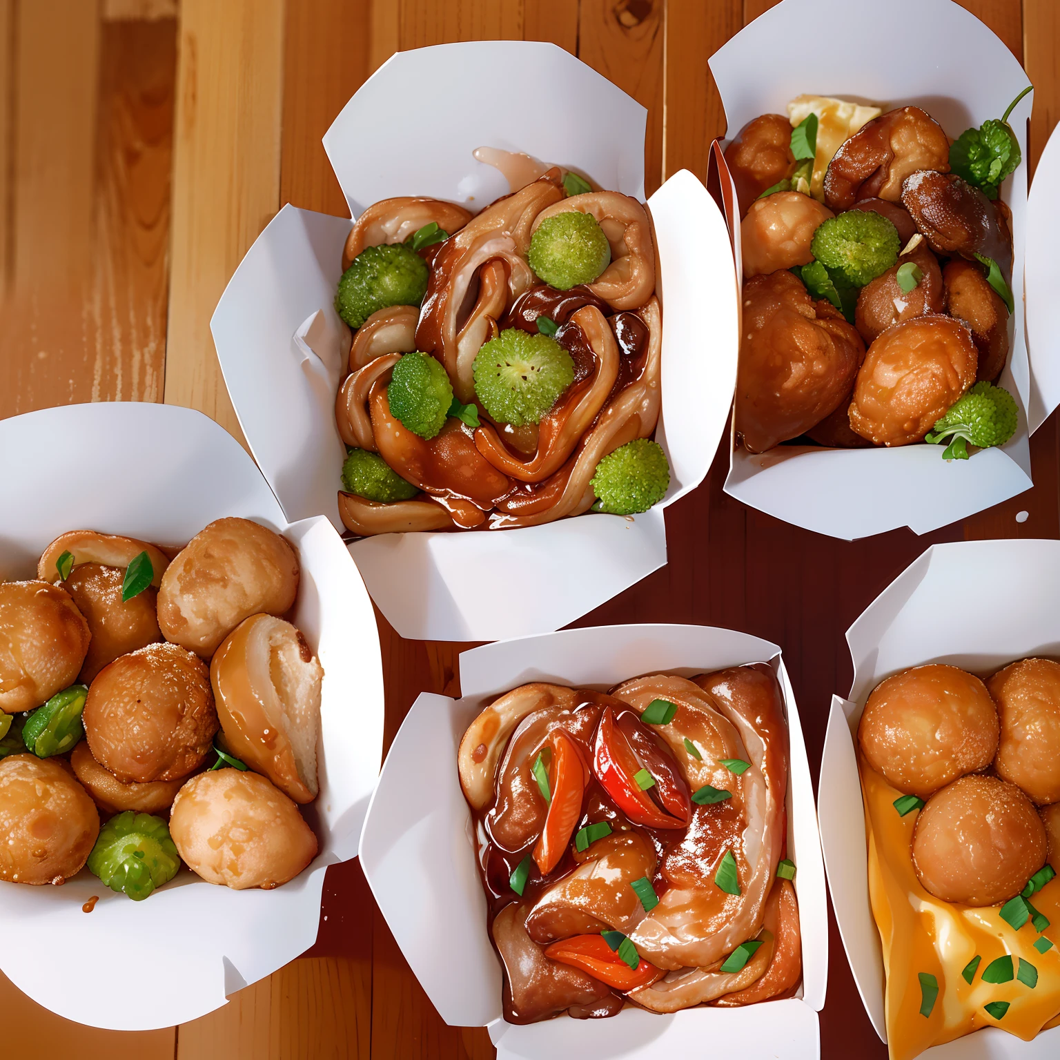 Four boxes of food are lined up on a wooden table, delicioso, comida deliciosa, Mukbang, Chinese, NCIS, Pacote de 6 unidades, festa, ❤🔥🍄🌪, ordem, alimentos quentes, wok, apetitoso, Fast Food Review, delicioso, Comer, closeup na comida, Mouthwatering, alimento, Directed by: Bernardino Mei, muito saboroso, Miko
