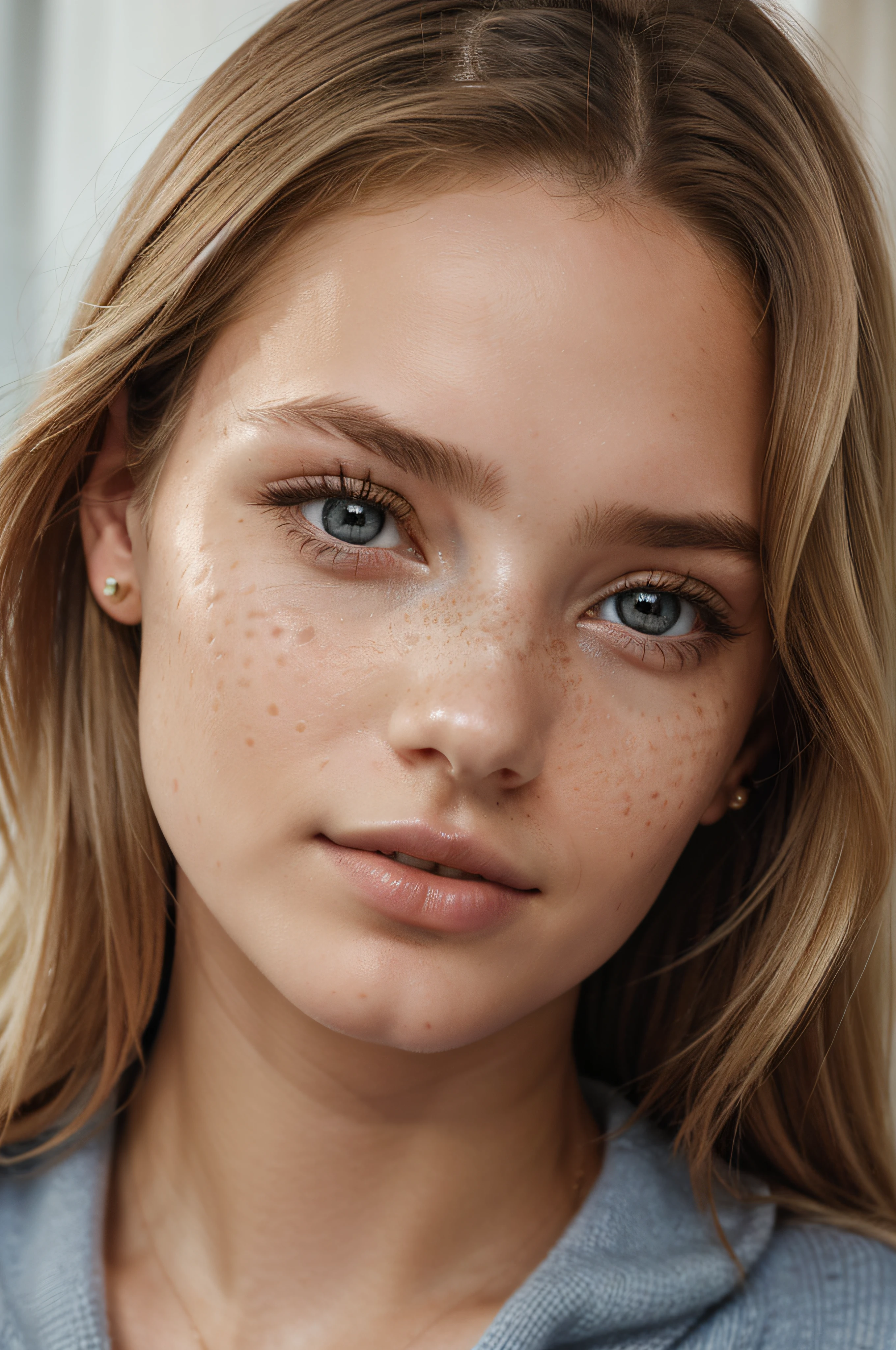 Close up, 1Girl 18 years old, nur, Lange Haare, Blick auf den Betrachter, blonde hair, blaue Augen, Schmuck, full entire body, Halskette, schulterfrei, pullover, lips, realistisch, Nase, Flirten mit der Kamera, close up shot, realism, detailed eyes, skin imperfection, fine small freckles, natural