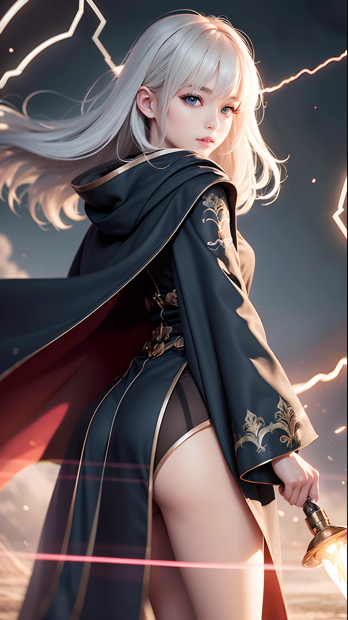 (Skindentation:1.5)、reallistic、Photorealsitic、(masuter piece:1.5)、Concept art、intricate-detail、A highly detailed、Photorealsitic、Octane Rendering、8K、Unreal Engine、Dynamic Pause、top-quality、hight resolution、(Lifelike face:1.1)、 (surrealistic:1.1)、((full body Esbian))、perfect eyes、(shinny skin:1.2)、(((hairstyle on)))、(((perfect hand)))、(highly detailed back ground)、((Moving background) )、((Lightning))、(llight rays)、((1girl in))、I'm wearing a cloak、(((flowing cloak)))、((finely eye、quality eyes、Quality face))、(extremely intricate robes、magical robe)、short-hair、Lightning、electricity、swirling fire、radiating power、spark of light、fumo、magia、((Dramatic))、epicd、battle field、depth of fields、Bokeh、4K、gotik、embers、Particle、A sexy、Cute、dynamic ungle、