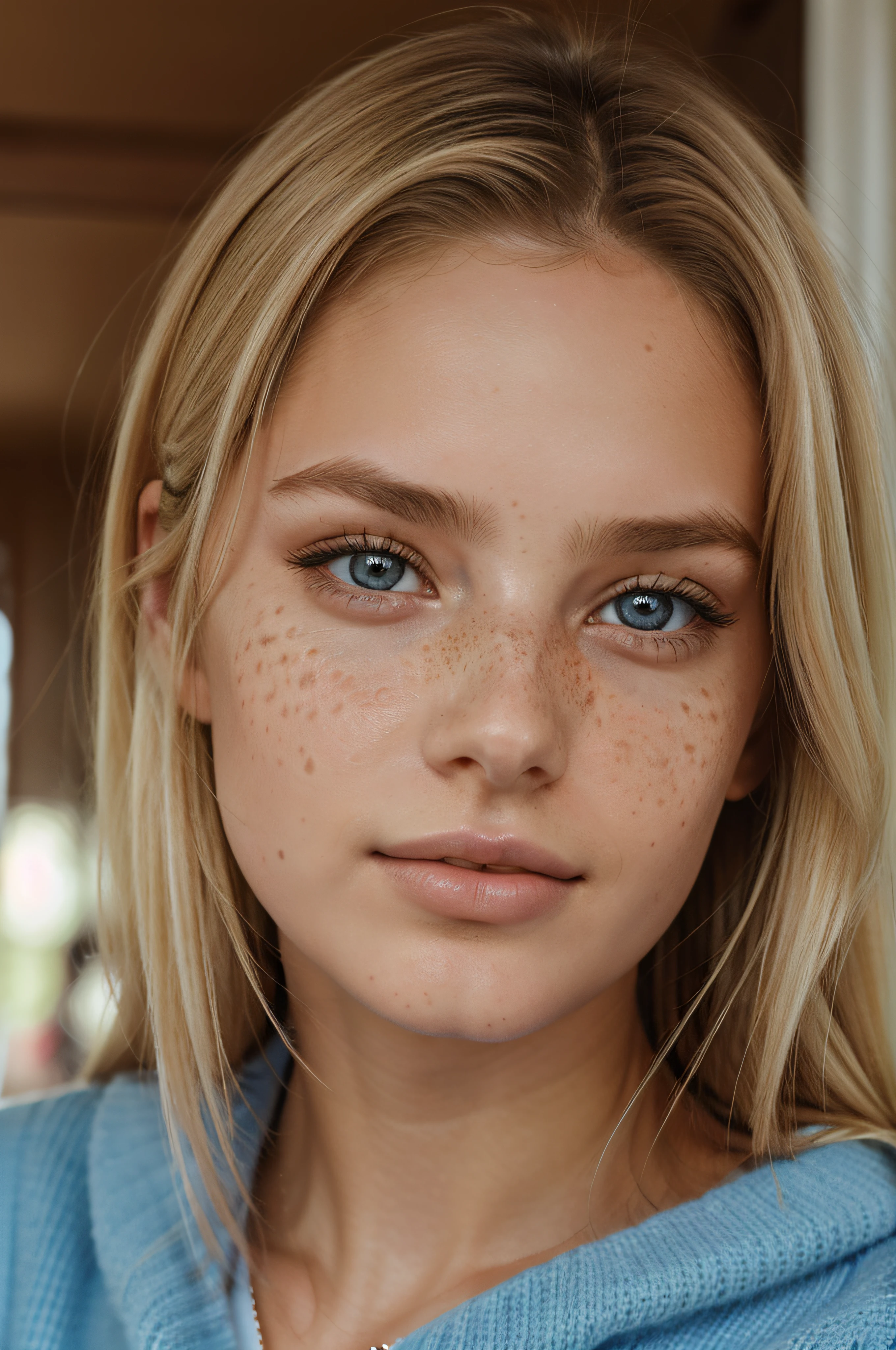 Close up, 1Girl 18 years old, nur, Lange Haare, Blick auf den Betrachter, blonde hair, blaue Augen, Schmuck, full entire body, Halskette, schulterfrei, pullover, lips, realistisch, Nase, Flirten mit der Kamera, close up shot, realism, detailed eyes, skin imperfection, freckles, natural