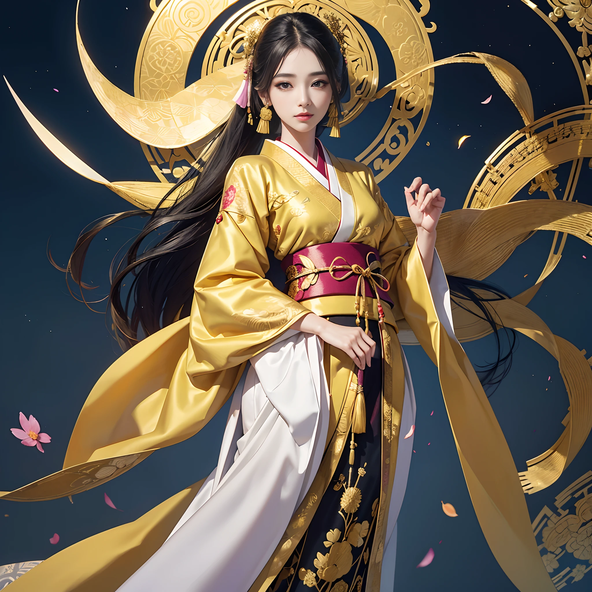Manju Sahua Mandala、Try to give your audience a bouquet、
watching at viewers、for the background(ancient city:1.2)And the moon、((dense background))、poneyTail、Woman with shiny black hair、perfect hand、BREAK {{{Luxury kimono(Colorful kimono(Detailed golden embroidery,))}}}、face perfect,Depict a beautiful and graceful woman of Japan。poneyTail、Heart in the eye。full body Esbian。 Wallpaper 8K, .Blur the background with a sickle,((masutepiece)), ((Best Quality))