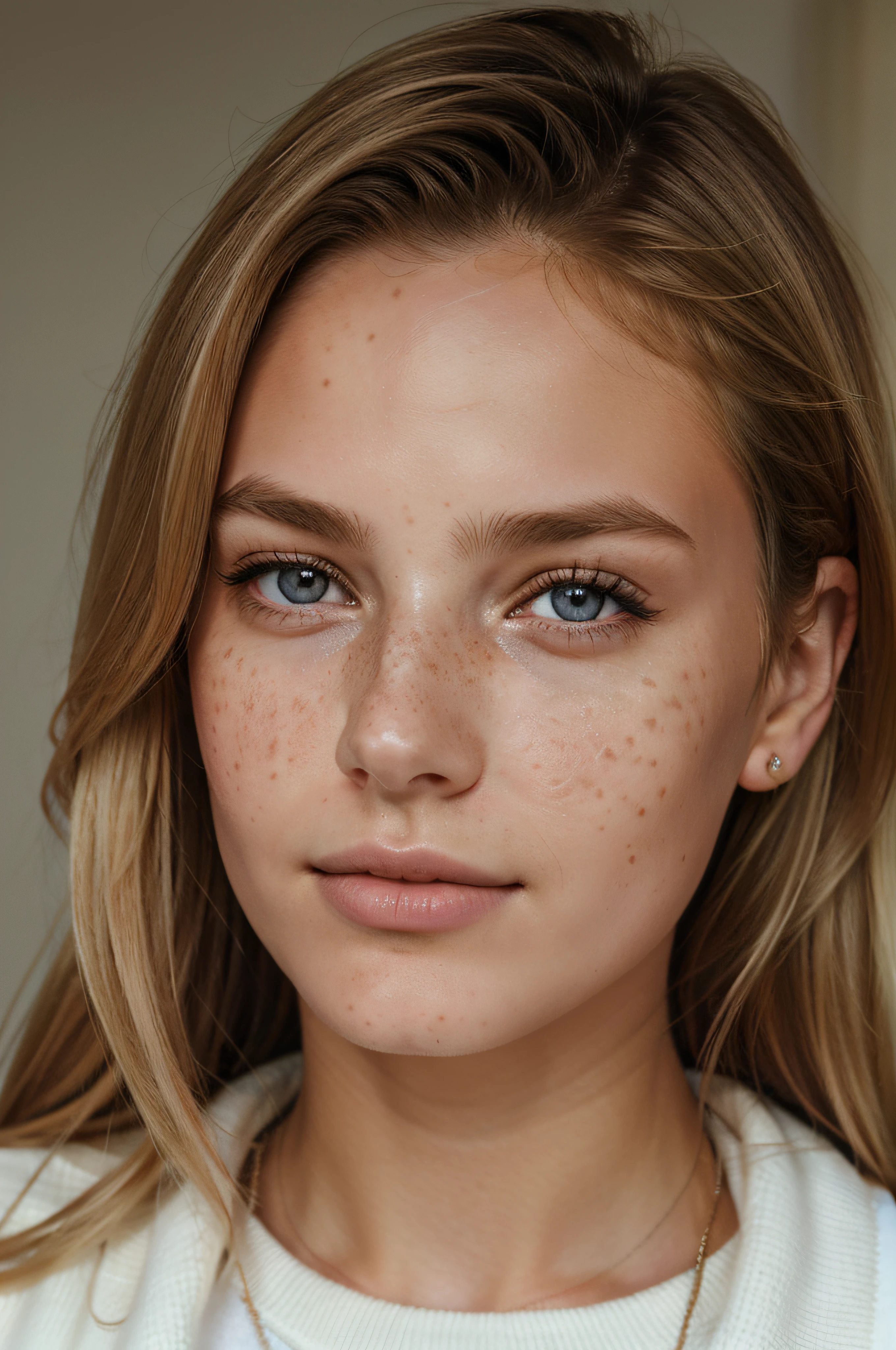 Close up, 1Girl 18 years old, nur, Lange Haare, Blick auf den Betrachter, blonde hair, blaue Augen, Schmuck, full entire body, Halskette, schulterfrei, pullover, lips, realistisch, Nase, Flirten mit der Kamera, close up shot, realism, detailed eyes, skin imperfection, freckles, natural
