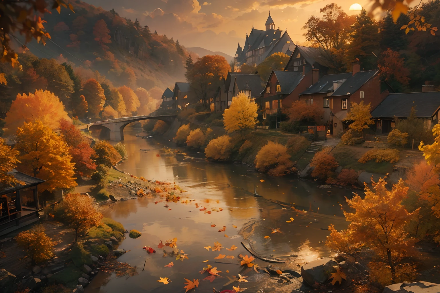 Create captivating autumn depictions, autumnal,eventide,riverbank,Scenic beauty,A place where nature and technology live in harmony,Let this artwork transport the viewer to another world, Old and new intertwined,Form captivating photos of nostalgia and innovation