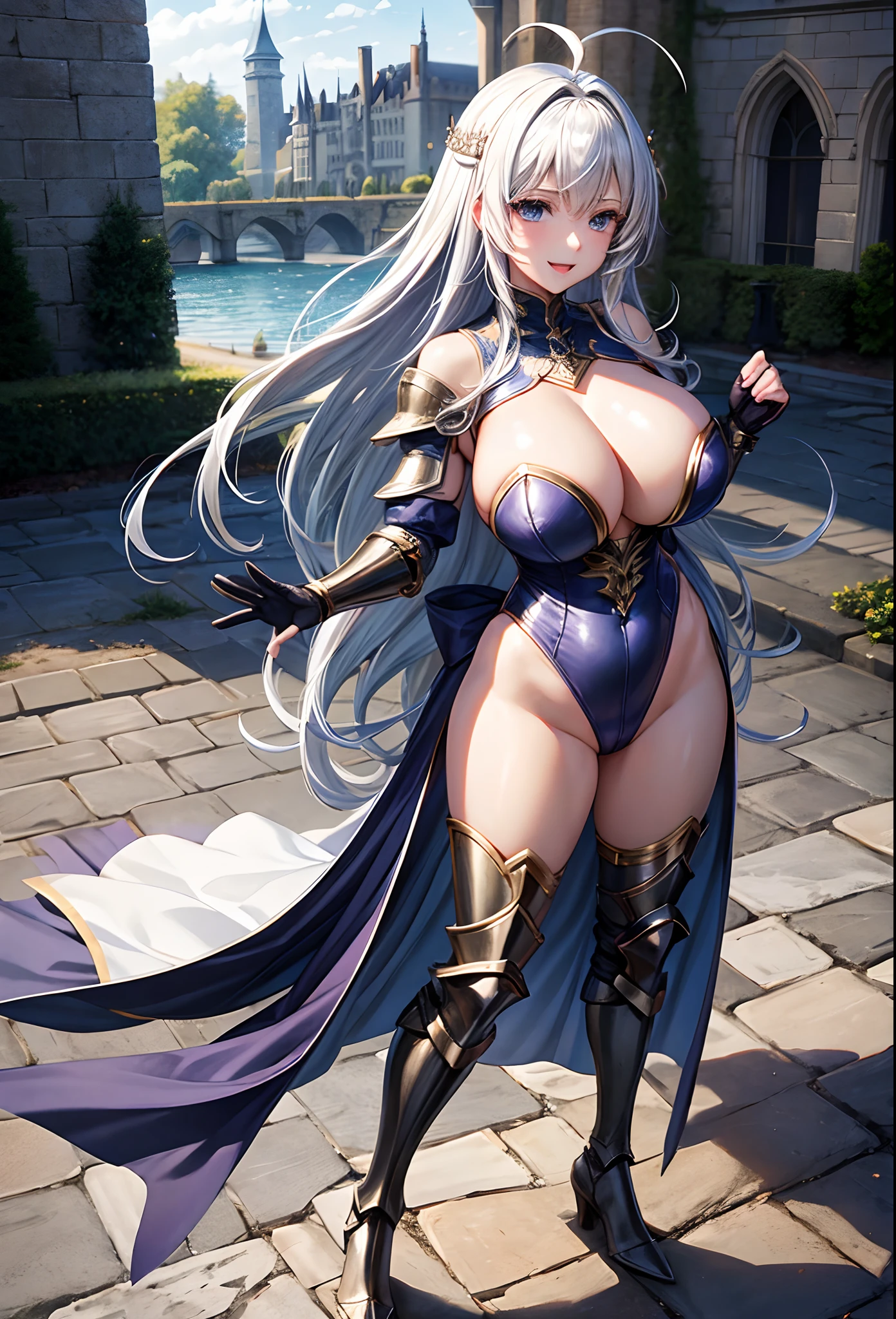 Woman knight、a beauty girl、huge tit、Excellent style、Nice Buddy、glamorous、leotard、s Armor、Bra chest armor、knee boots、gauntlets、hair adornments、silber hair、Longhaire、Ahoge、a medieval castle、is standing、full body seen、Outside the castle、natta、a smile、slightly open mouth