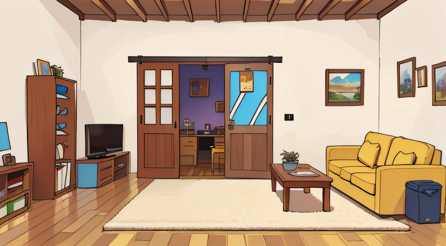 Top quality，tmasterpiece，hyper HD，liveroom，Sofa in the middle，Positive perspective，wooden floor，In the distance is the door，Shoe cabinet，Refrigerator