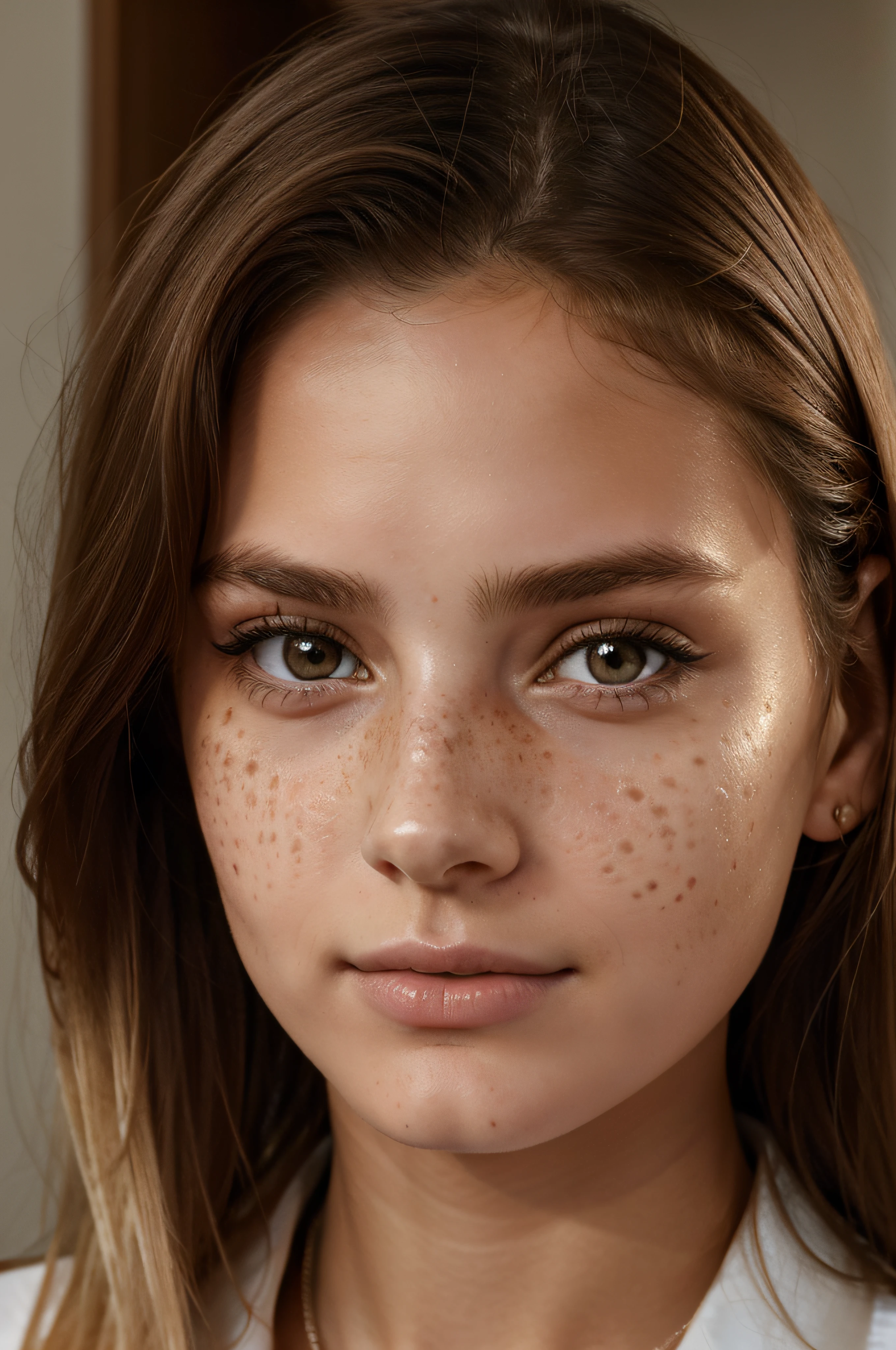 Close up, 1Girl 18 years old, nur, Lange Haare, Blick auf den Betrachter, blondes Haar, braune Augen, Schmuck, full entire body, Halskette, schulterfrei, pullover, lips, realistisch, Nase, Flirten mit der Kamera, close up shot, realism, detailed eyes, skin imperfection, freckles