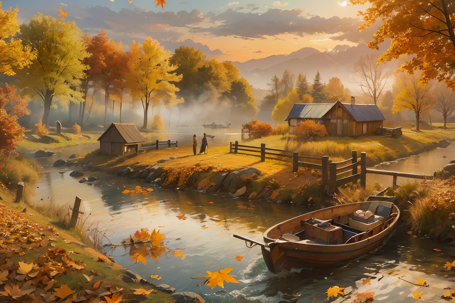 Create captivating autumn depictions, autumnal,eventide,riverbank,Scenic beauty,A place where nature and technology live in harmony,Let this artwork transport the viewer to another world, Old and new intertwined,Form a charming tapestry of nostalgia and innovation.