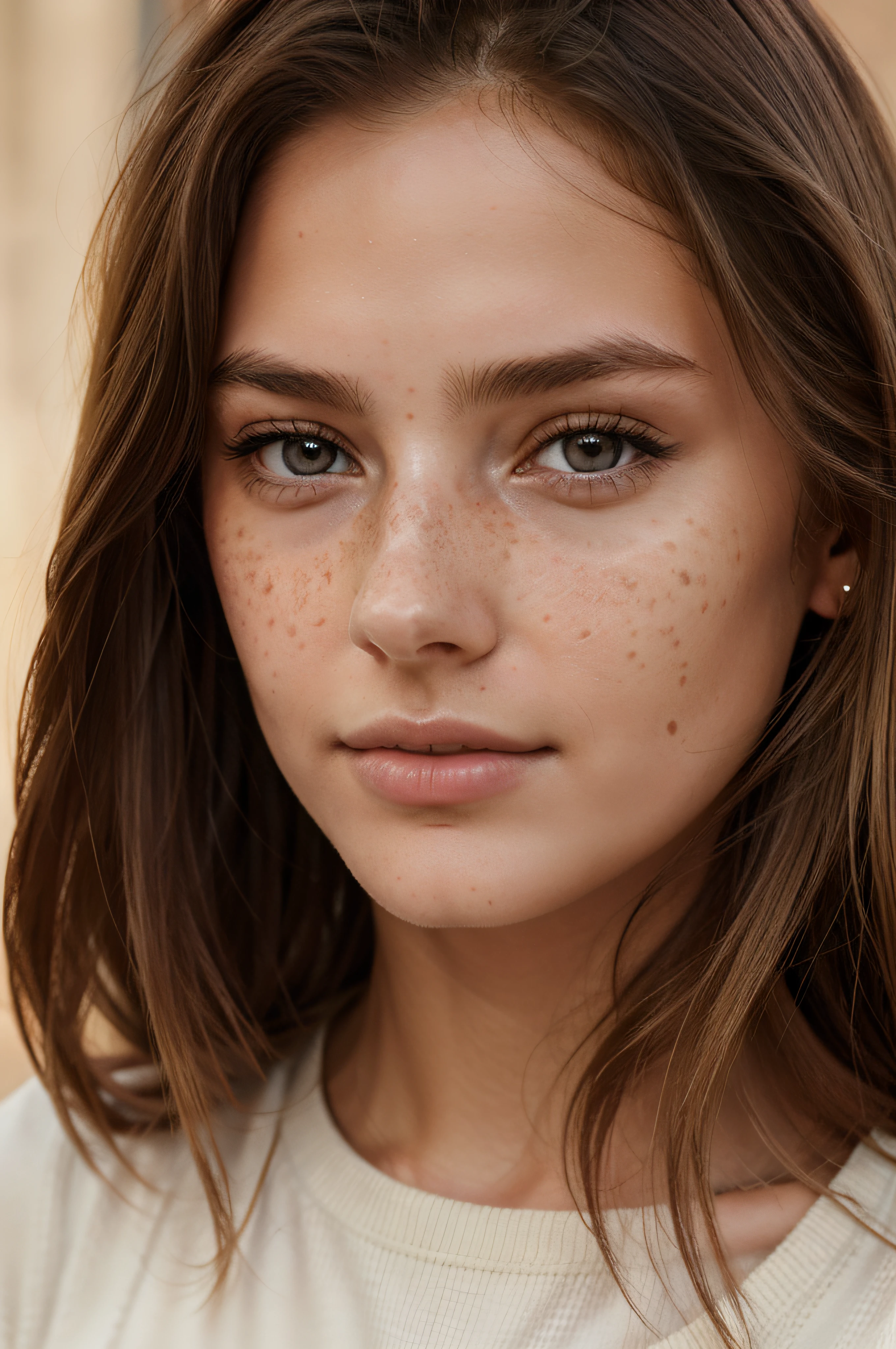 Close up, 1Girl 18 years old, nur, Lange Haare, Blick auf den Betrachter, blondes Haar, braune Augen, Schmuck, full entire body, Halskette, schulterfrei, pullover, lips, realistisch, Nase, Flirten mit der Kamera, close up shot, realism, detailed eyes, skin imperfection, freckles